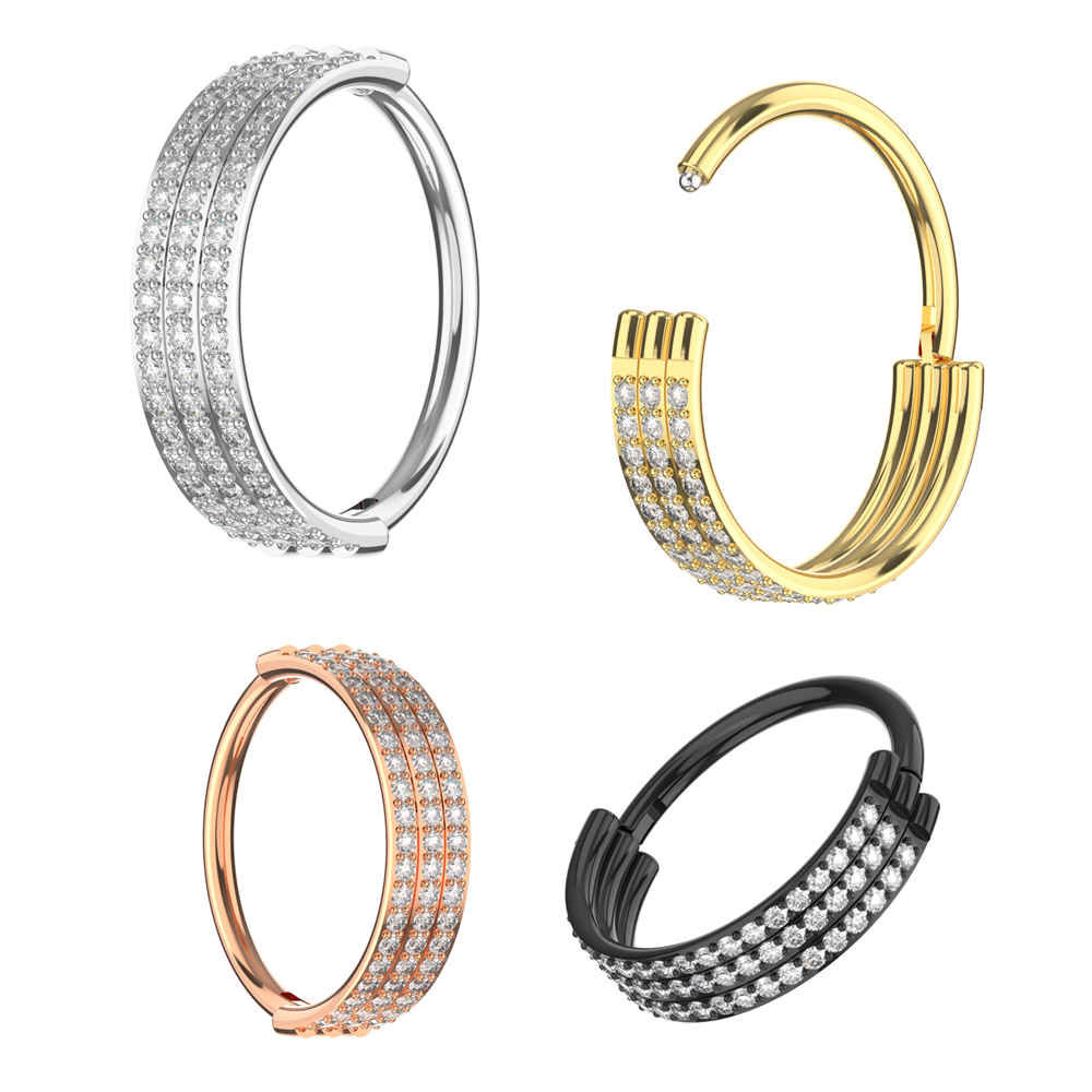 316L Surgical Steel Triple Rows Crystal Surgical Steel Hinged Clicker Segment Ring - Monster Piercing