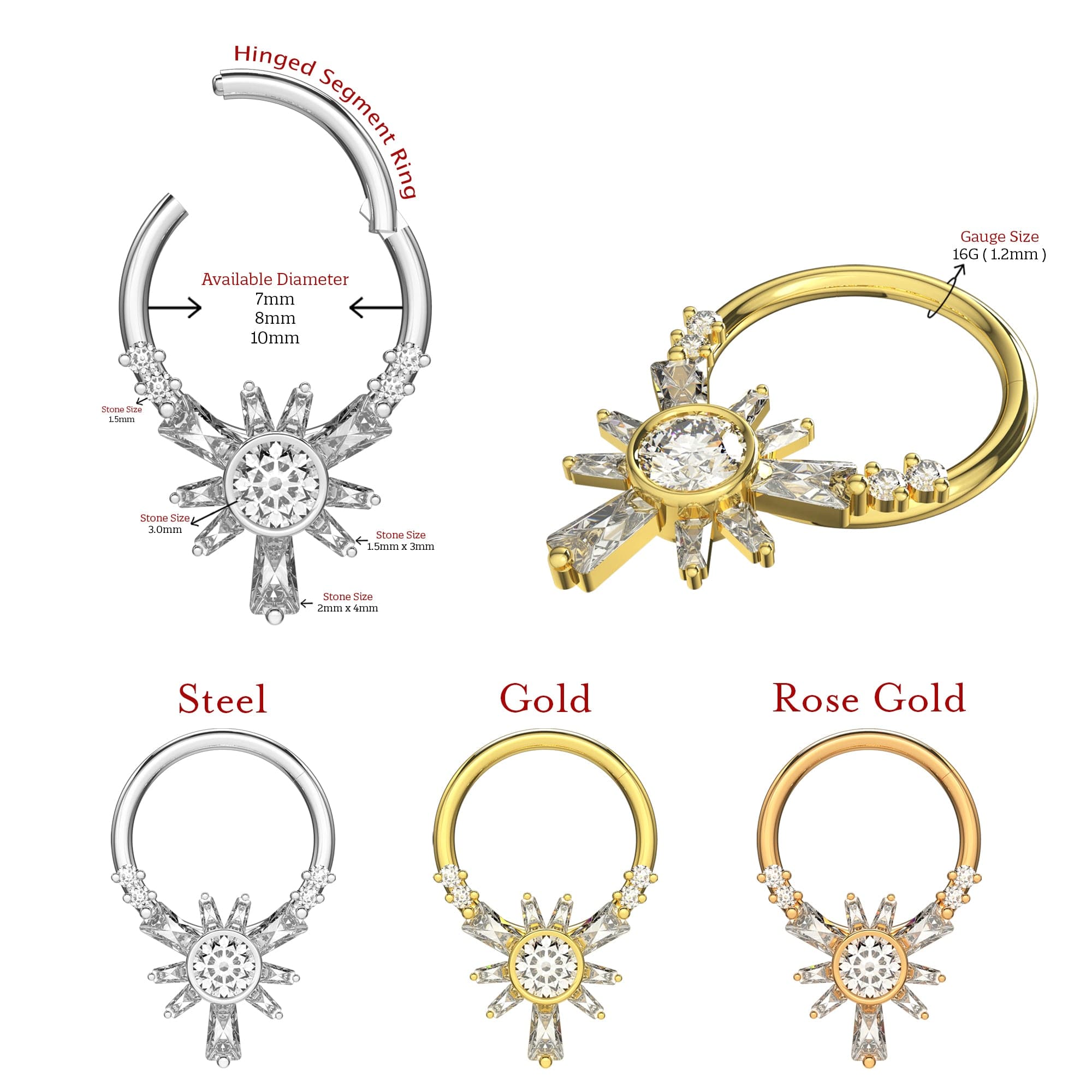 316L Surgical Steel Cubic Zirconia Jewelled Hinged Segment Clicker Ring - Monster Piercing