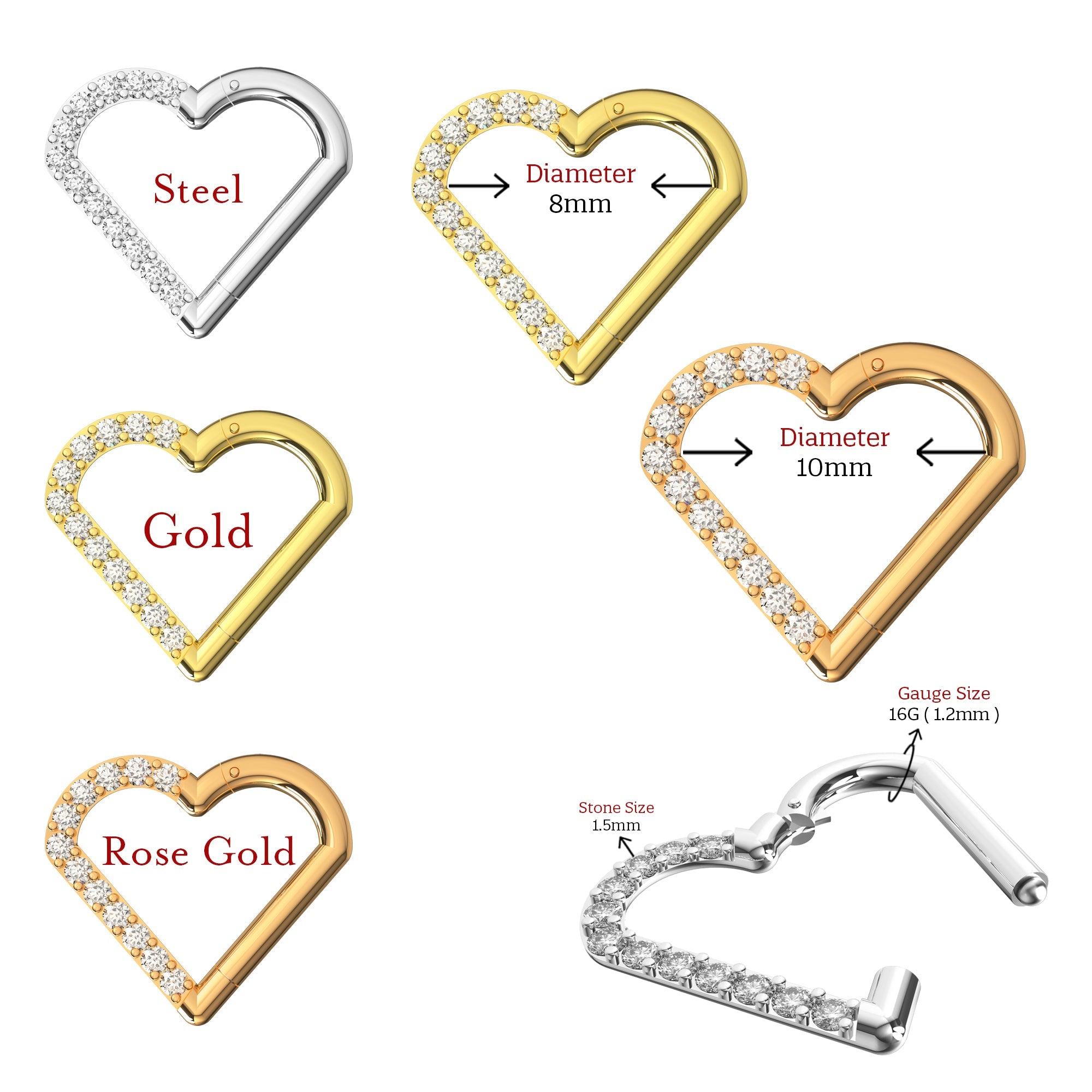 316L Surgical Steel CZ Jewelled Heart Hinged Segment Clicker Ring - Monster Piercing