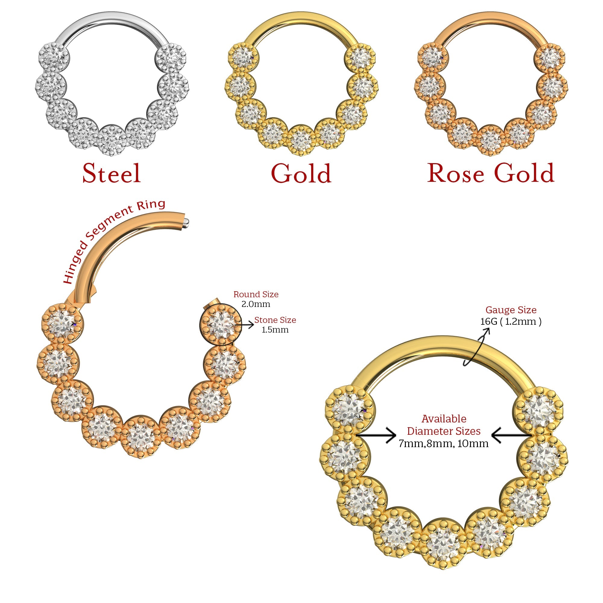 316L Surgical Steel Cubic Zirconia Studded Scallop Hinged Segment Clicker - Monster Piercing