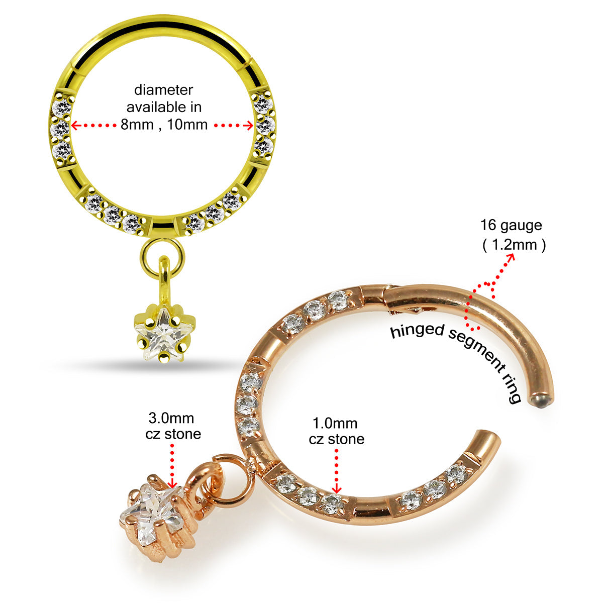 316L Surgical Steel CZ Jewelled Dangling Star Hinged Segment Clicker Hoop - Monster Piercing