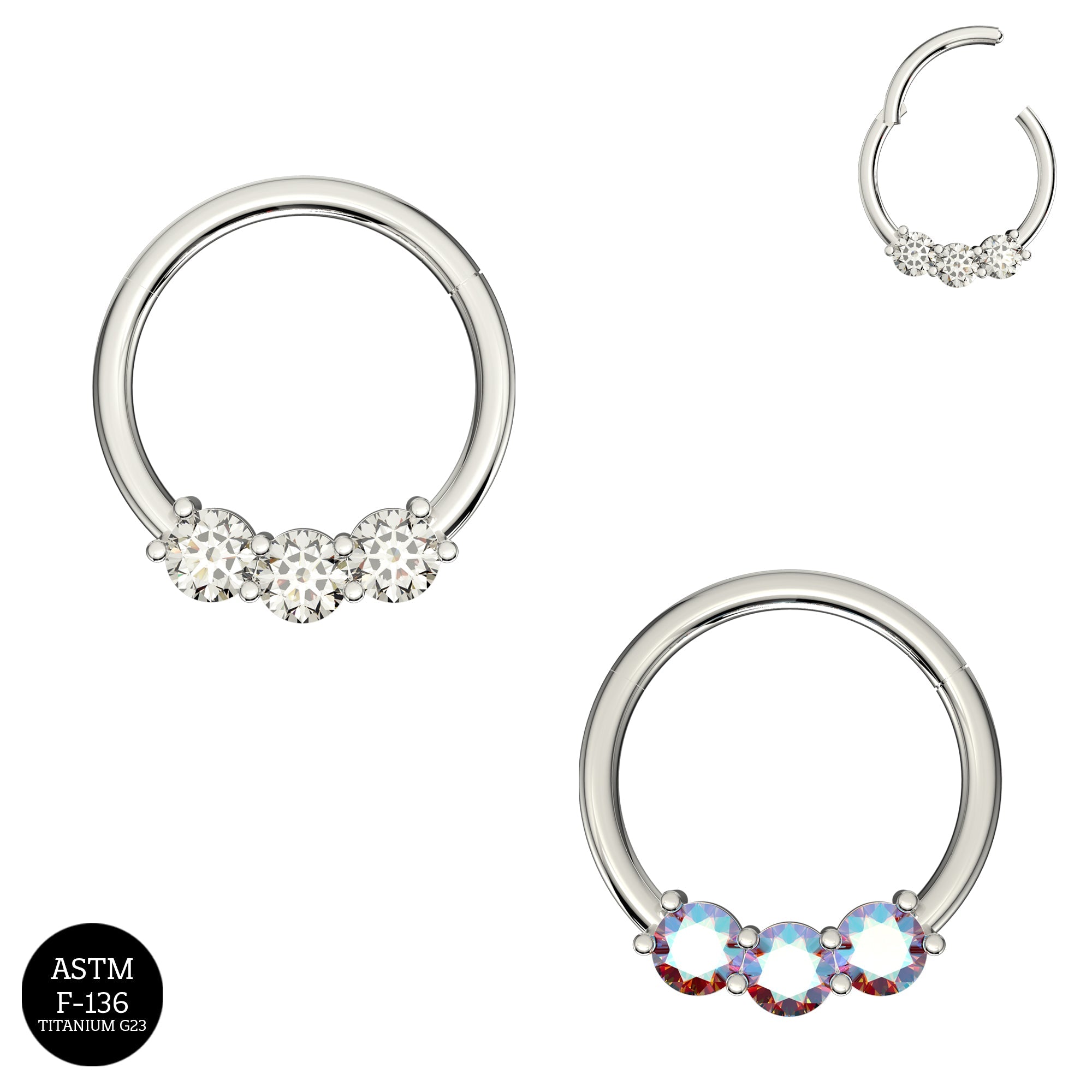 G23 Titanium Tri-Jewelled Hinged Segment Clicker Ring - Monster Piercing