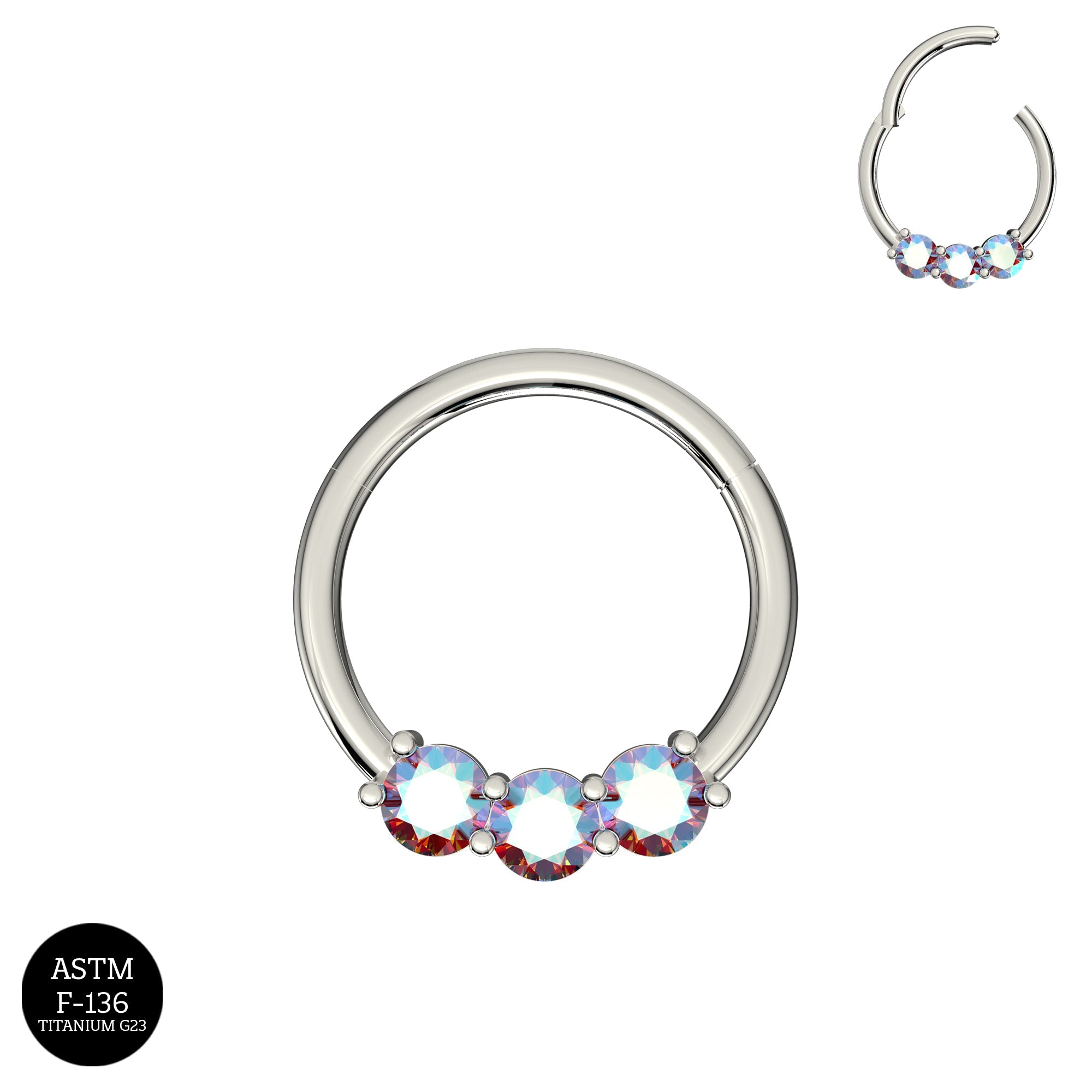 G23 Titanium Tri-Jewelled Hinged Segment Clicker Ring - Monster Piercing