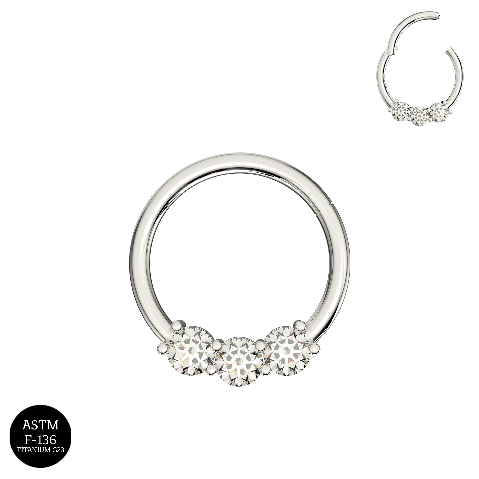 G23 Titanium Tri-Jewelled Hinged Segment Clicker Ring - Monster Piercing