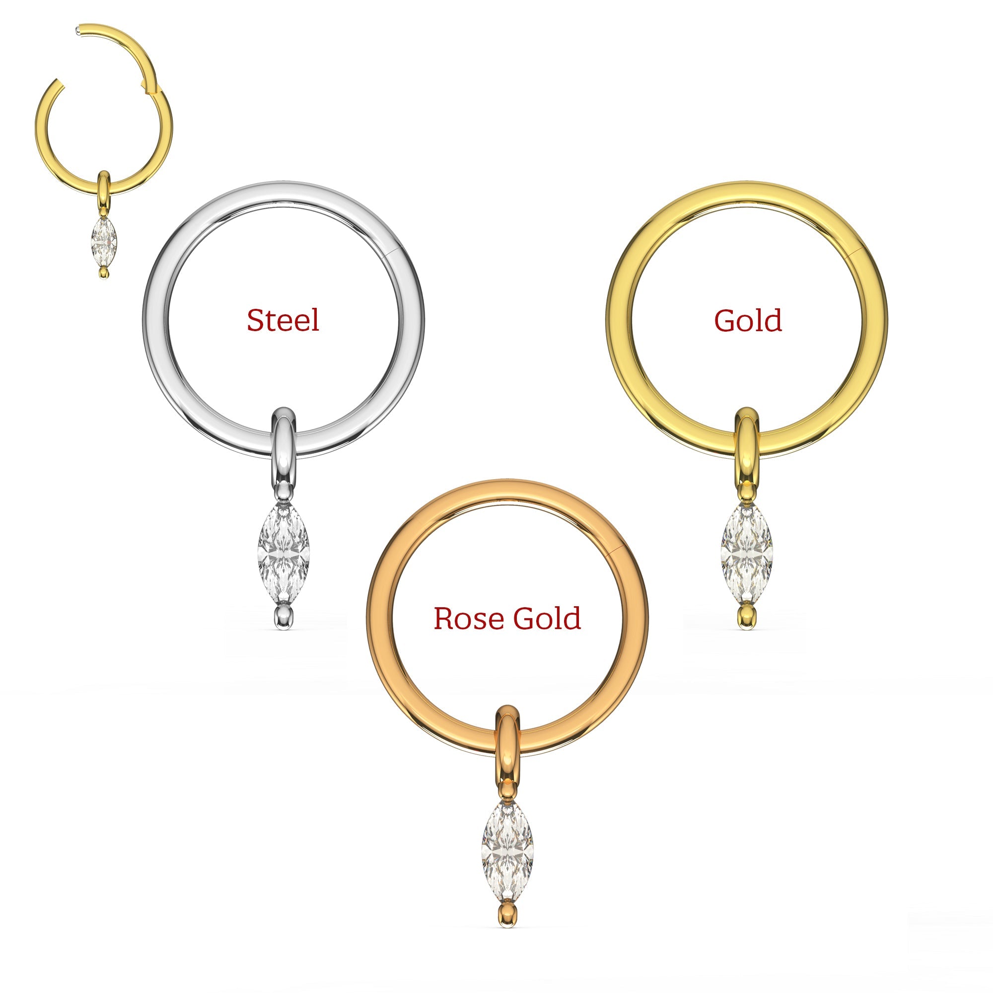 316L Surgical Steel Marquise Stone Jeweled Dangling Style Hinged Segment Clicker Hoop - Monster Piercing