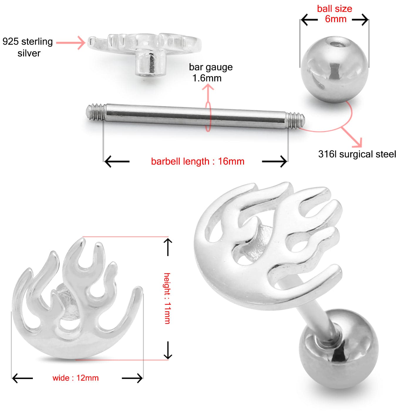 Sterling Silver Flames Tongue Ring - Monster Piercing