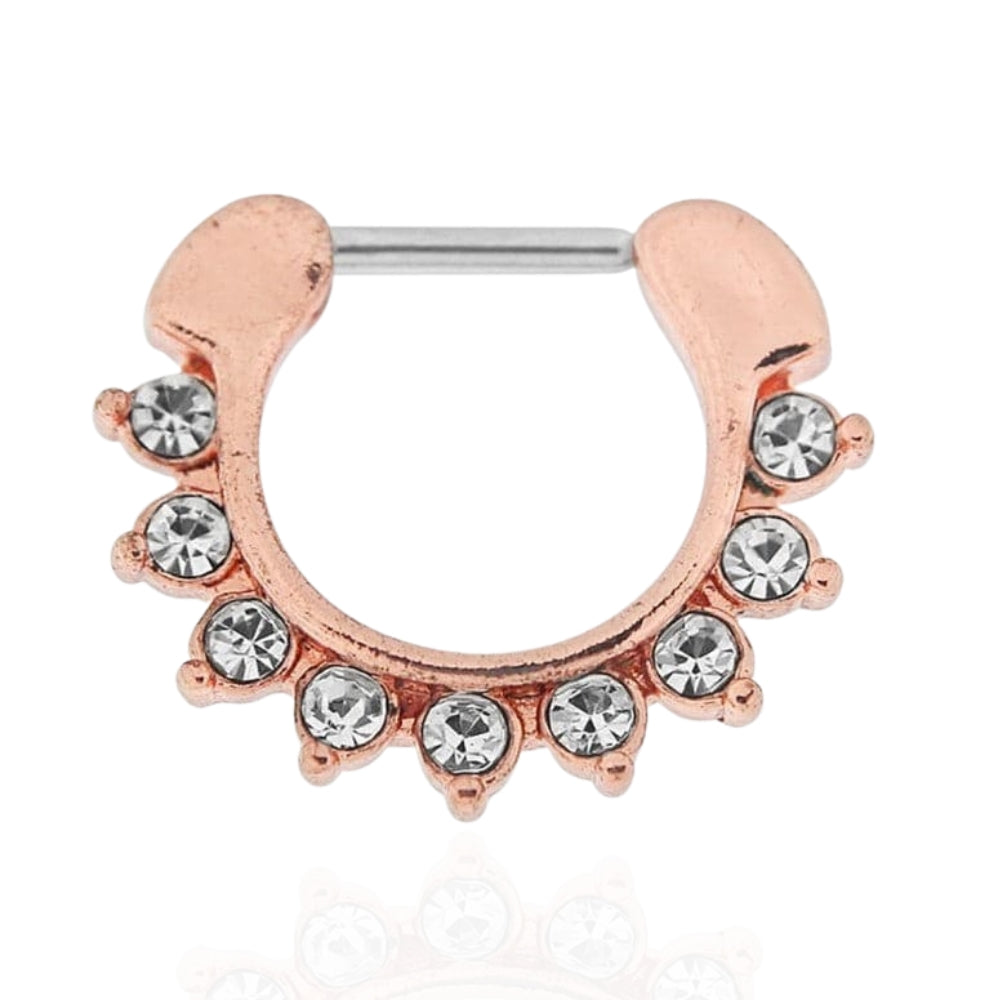 316L Surgical Steel With Rose Gold PVD Single Line 9 CZ's Pronged Septum Clicker Ring - Monster Piercing