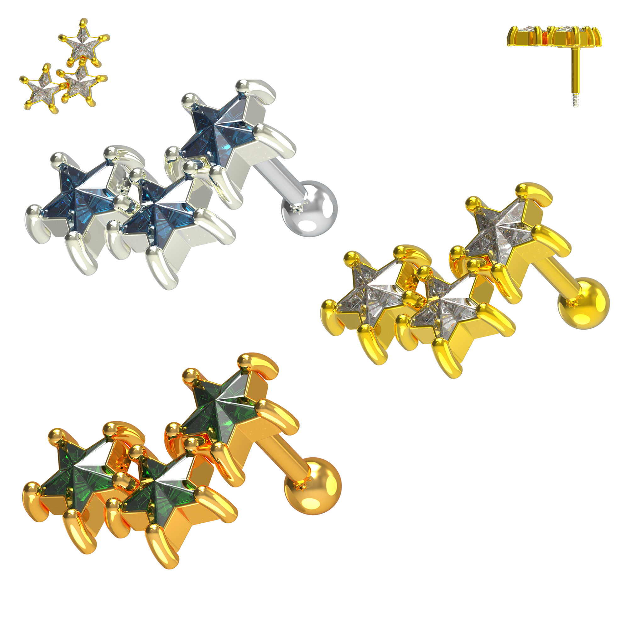 925 Sterling Silver Tri-Star Cartilage Ear Stud - Monster Piercing