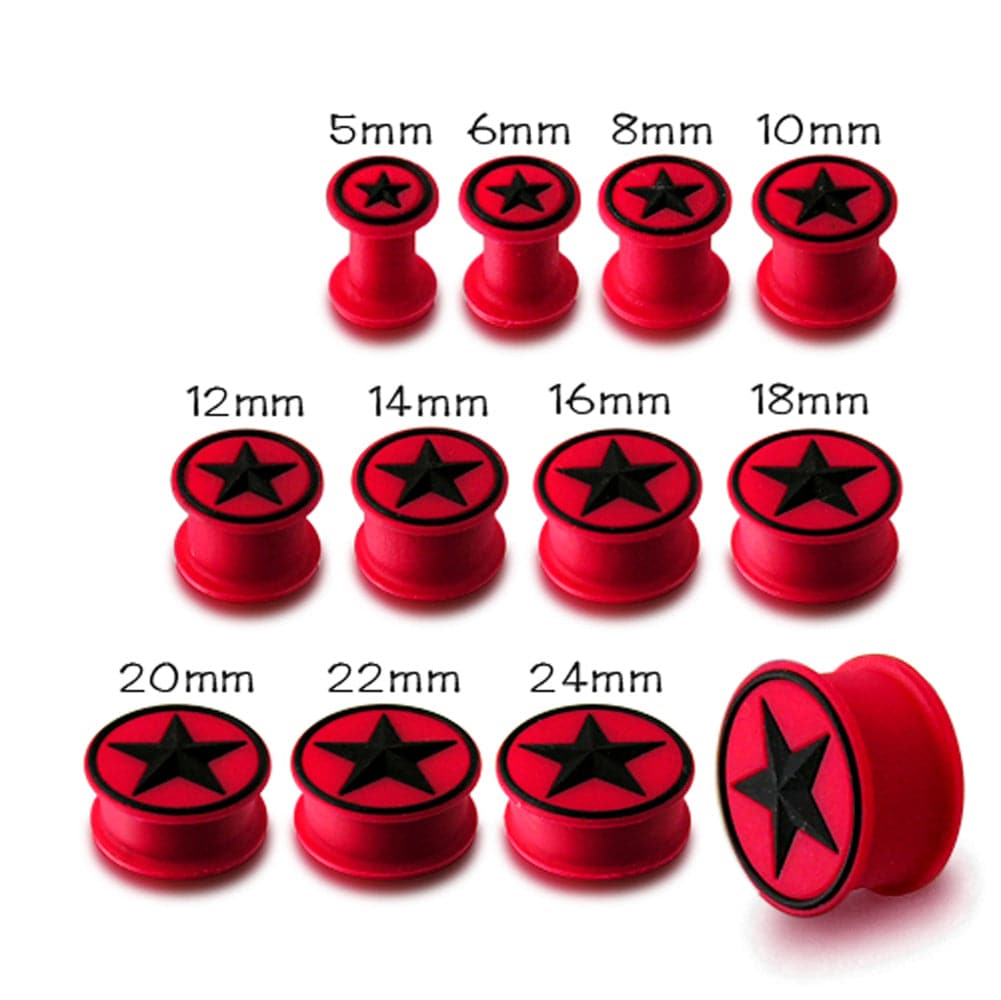 Embossed Black Star with Red Silicone Ear Plug - Monster Piercing