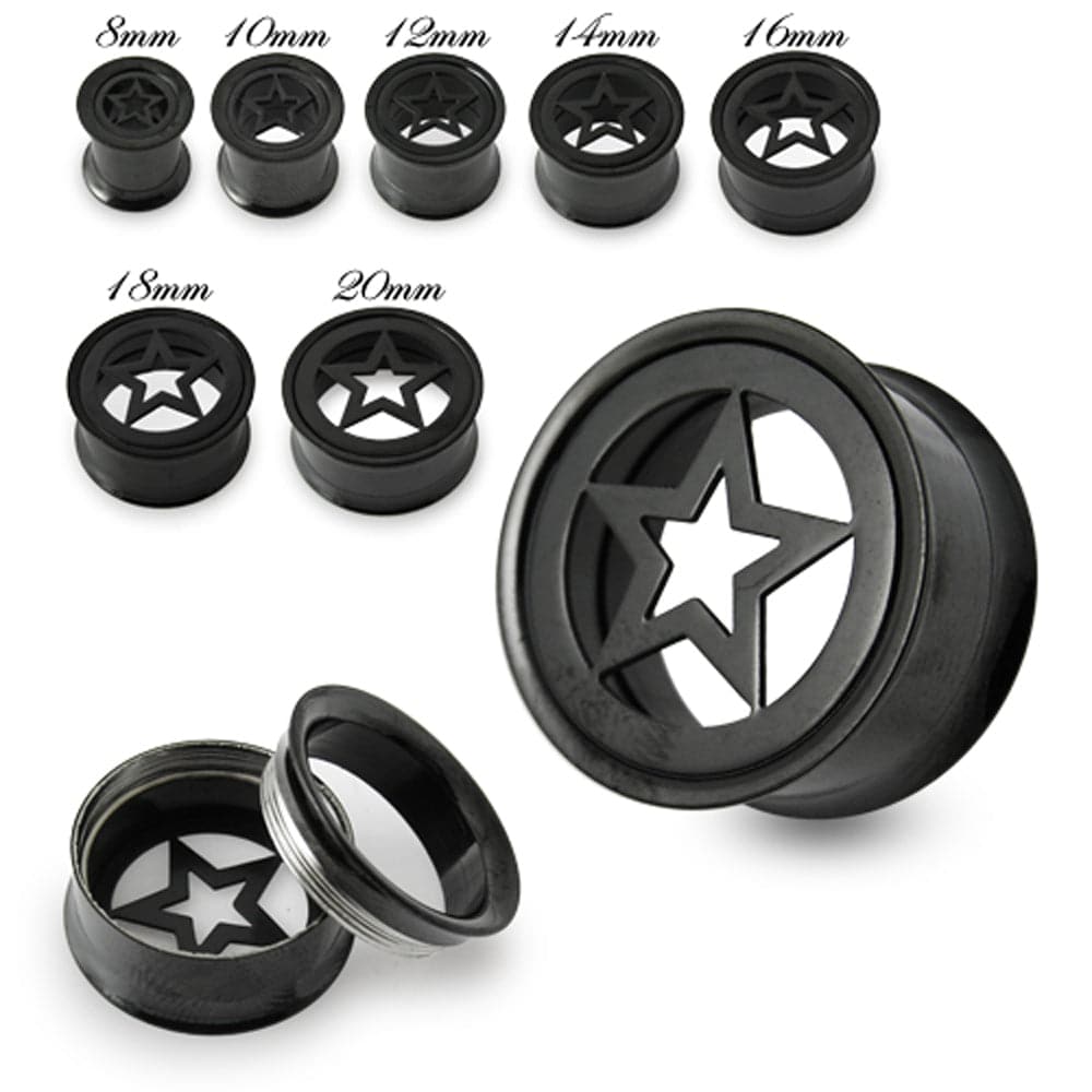 316L Surgical Steel Black Star Plate Top Internally Threaded Tunnel - Monster Piercing