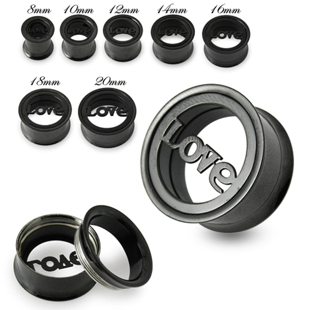 316L Surgical Steel Black Love Plate Top Internally Threaded Tunnel - Monster Piercing