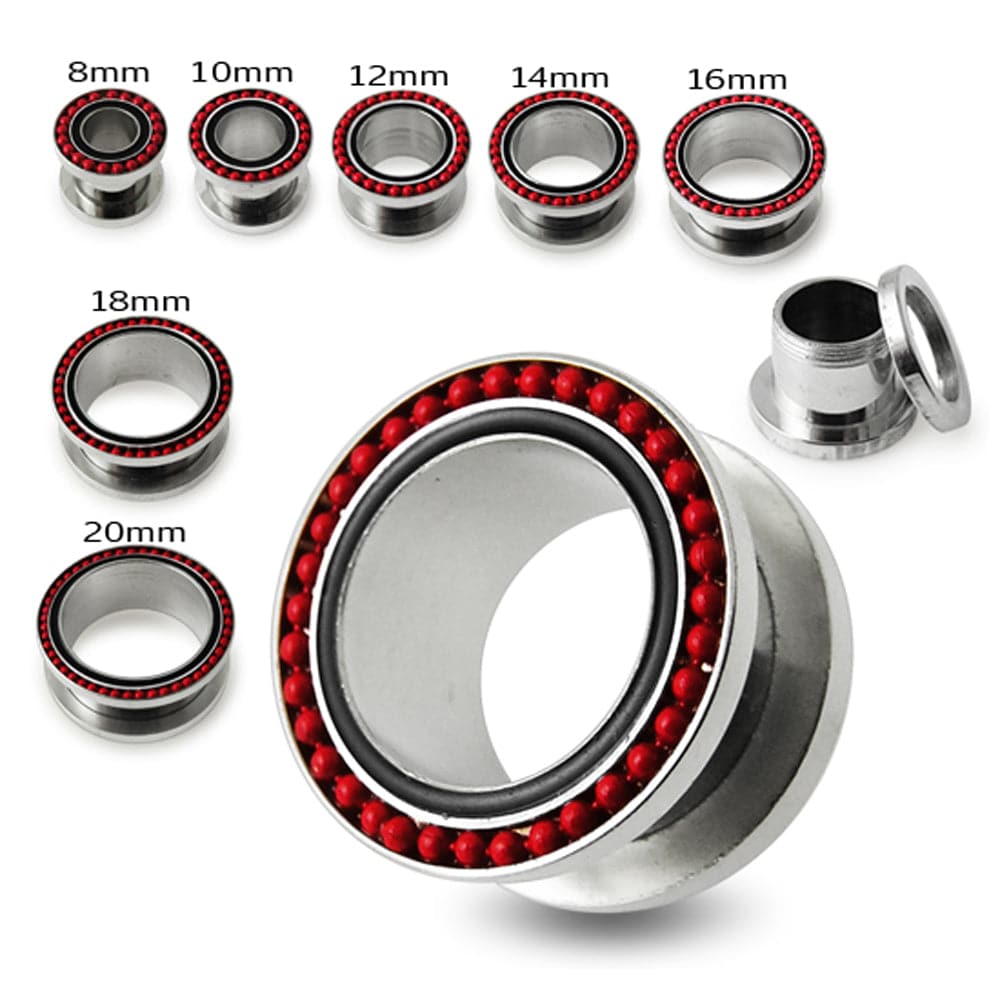 316L Surgical Steel With Red Ball Edge Top Flesh Tunnel - Monster Piercing