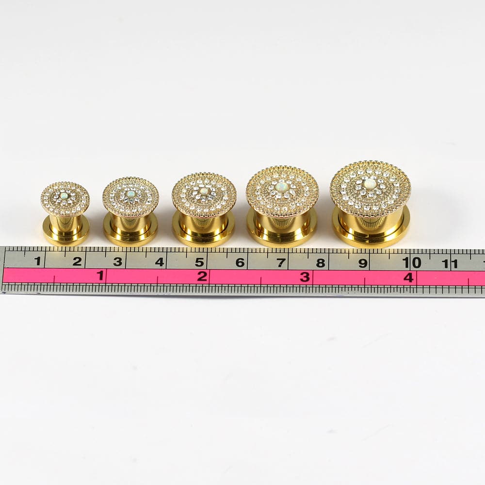 316L Surgical Steel with Gold PVD CZ and Opal Studded Ear Flesh Tunnel - Monster Piercing