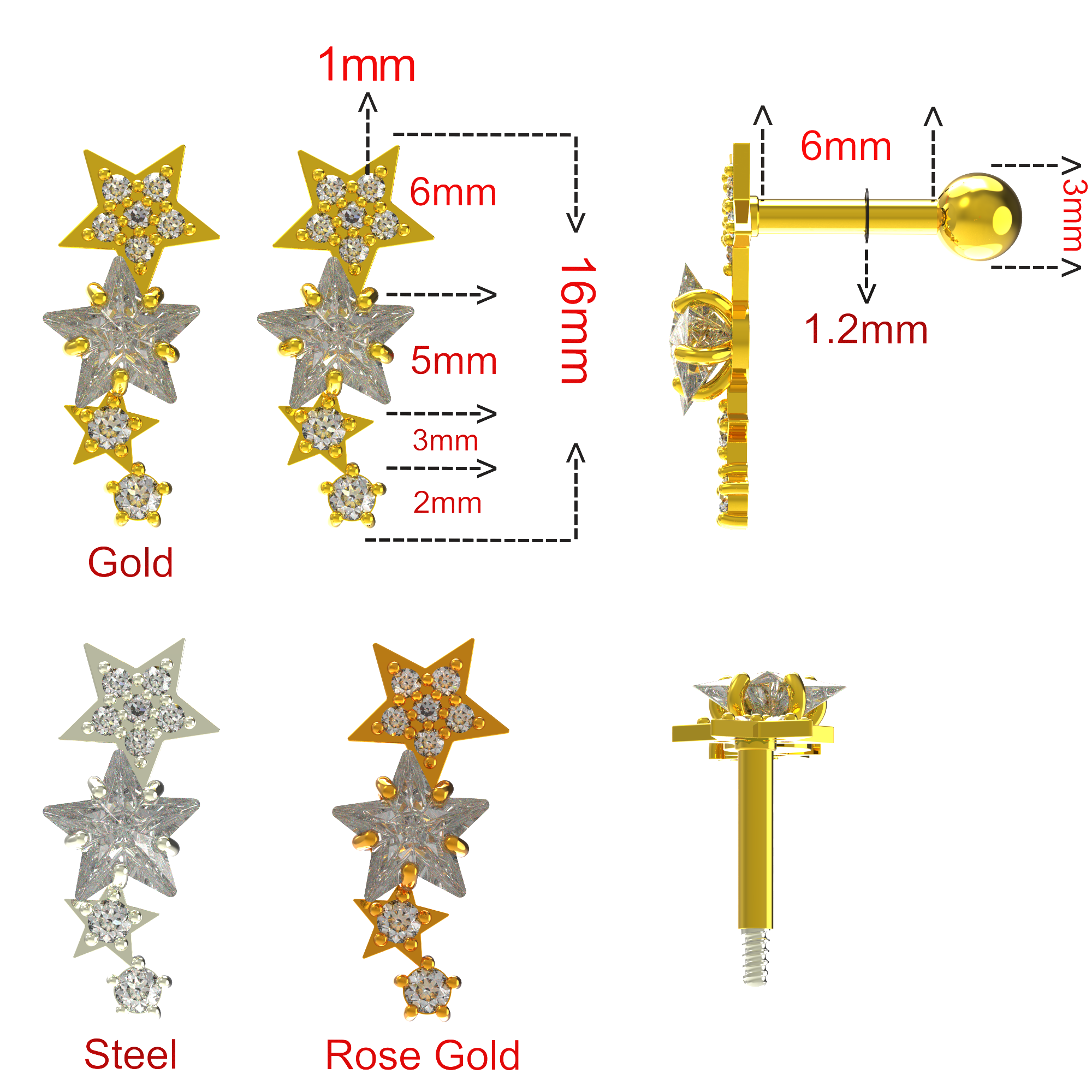 925 Sterling Silver Sparkling Stars Cartilage Stud - Monster Piercing