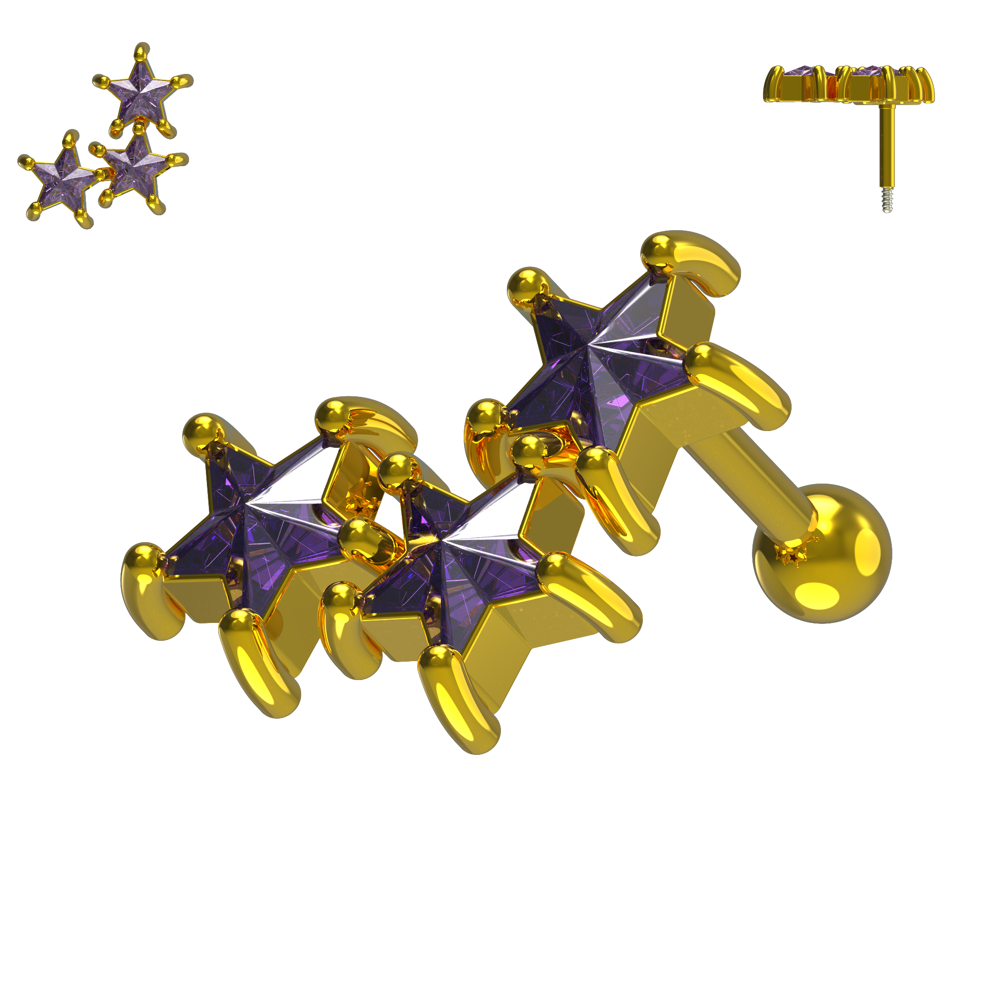 925 Sterling Silver Tri-Star Cartilage Ear Stud - Monster Piercing