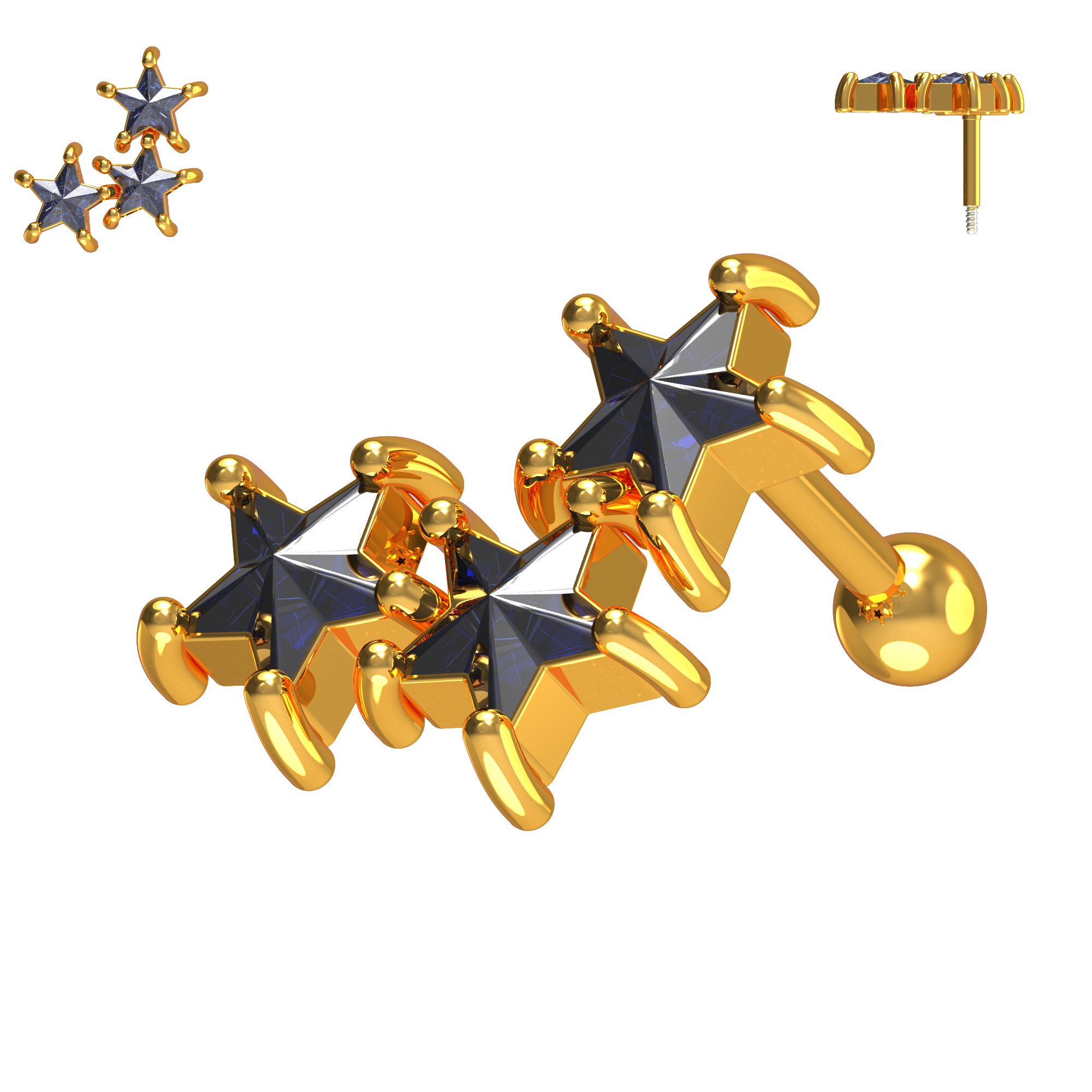 925 Sterling Silver Tri-Star Cartilage Ear Stud - Monster Piercing