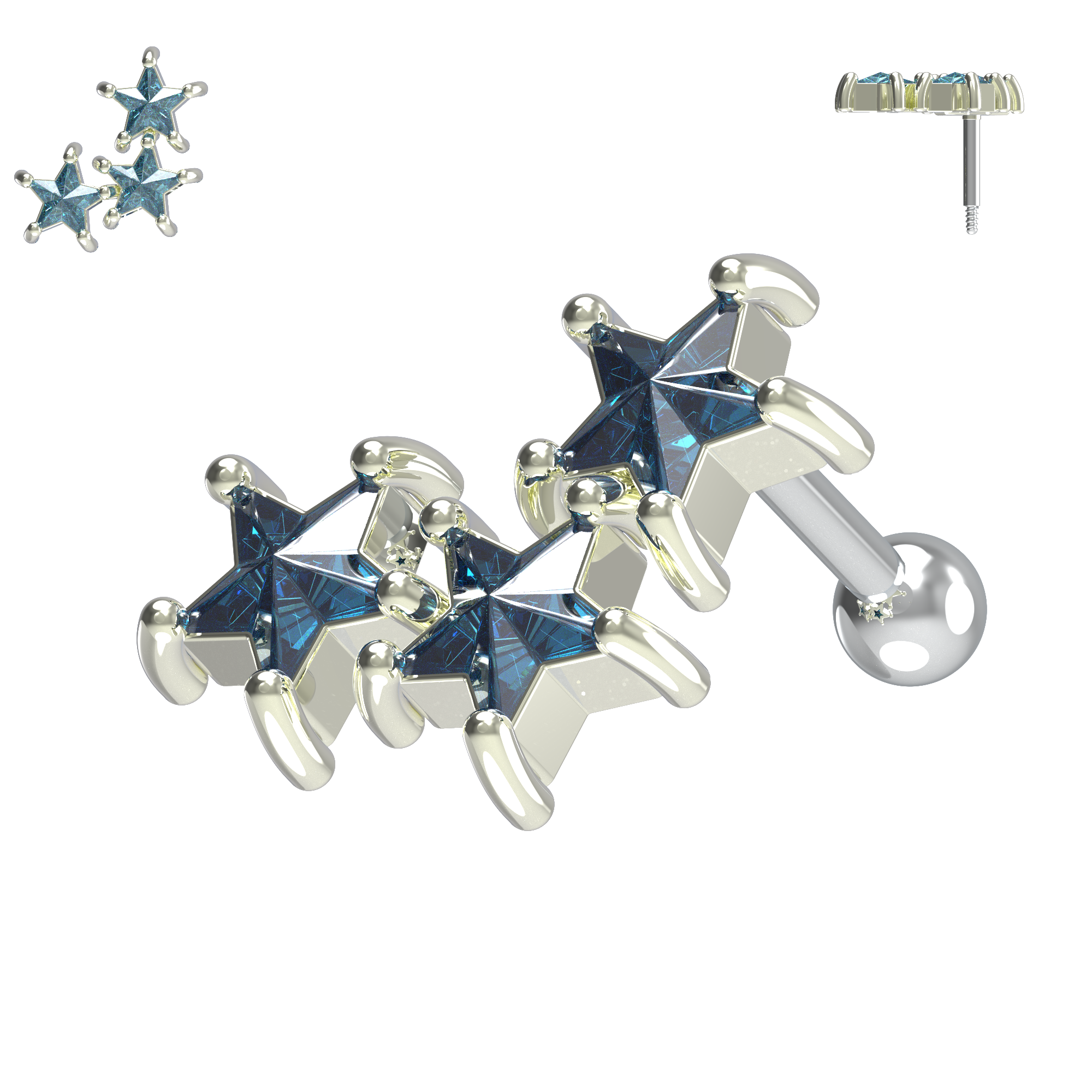 925 Sterling Silver Tri-Star Cartilage Ear Stud - Monster Piercing