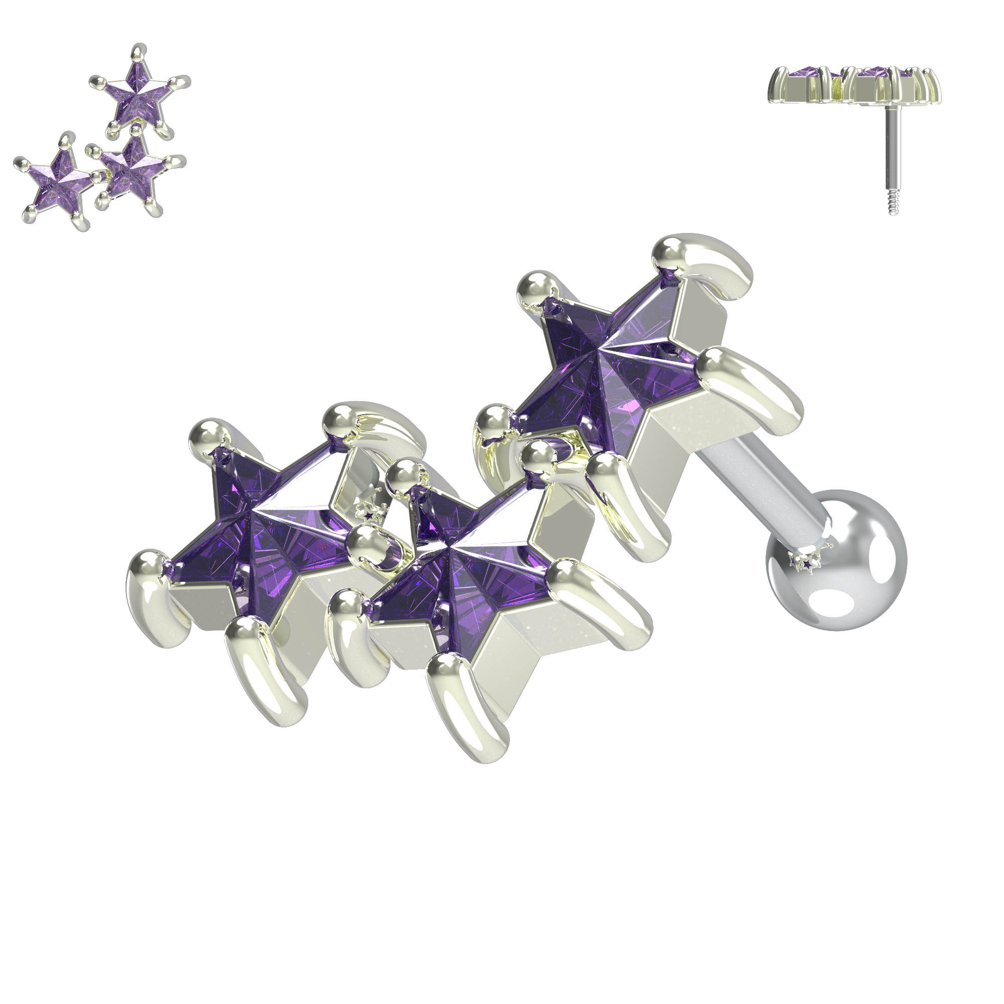 925 Sterling Silver Tri-Star Cartilage Ear Stud - Monster Piercing