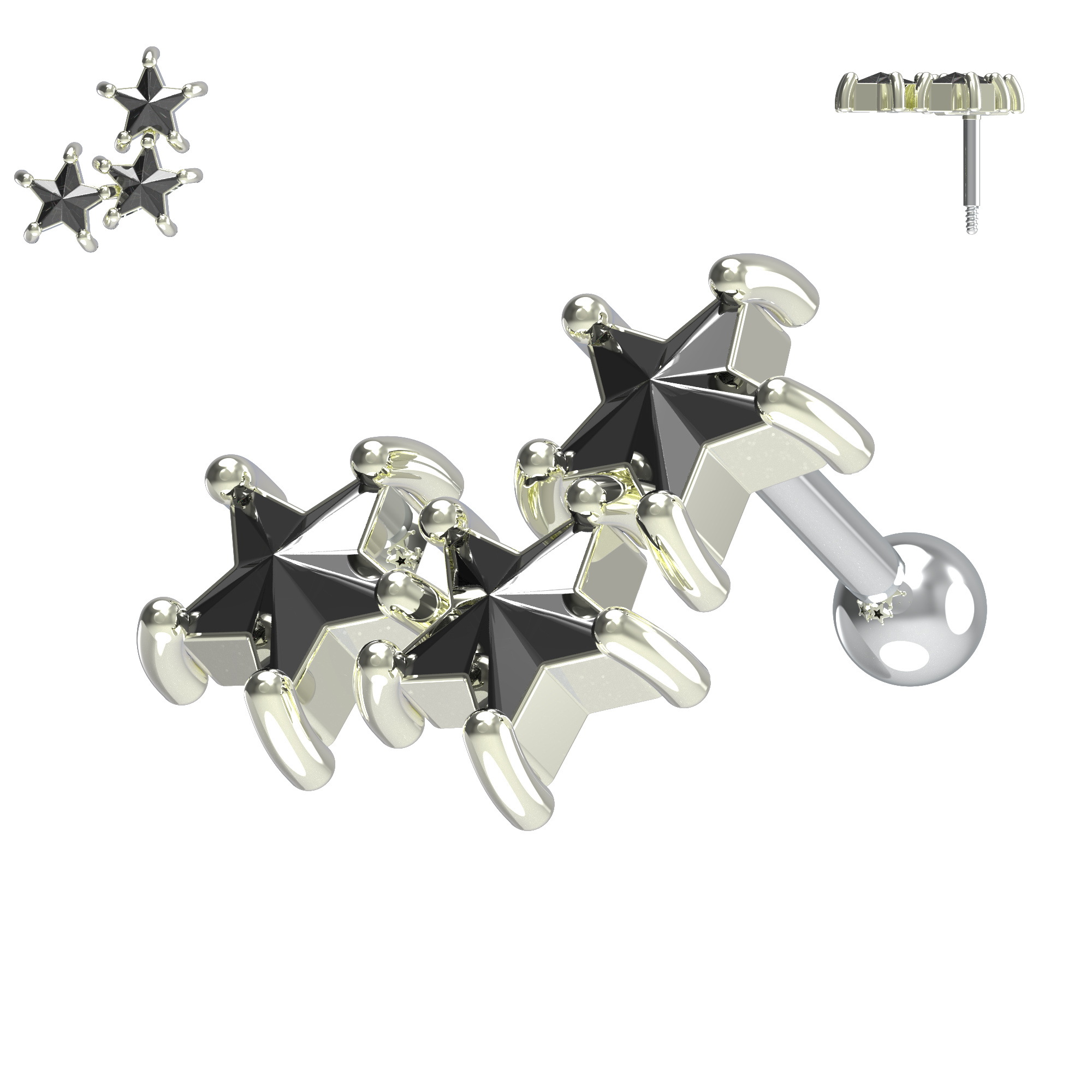 925 Sterling Silver Tri-Star Cartilage Ear Stud - Monster Piercing