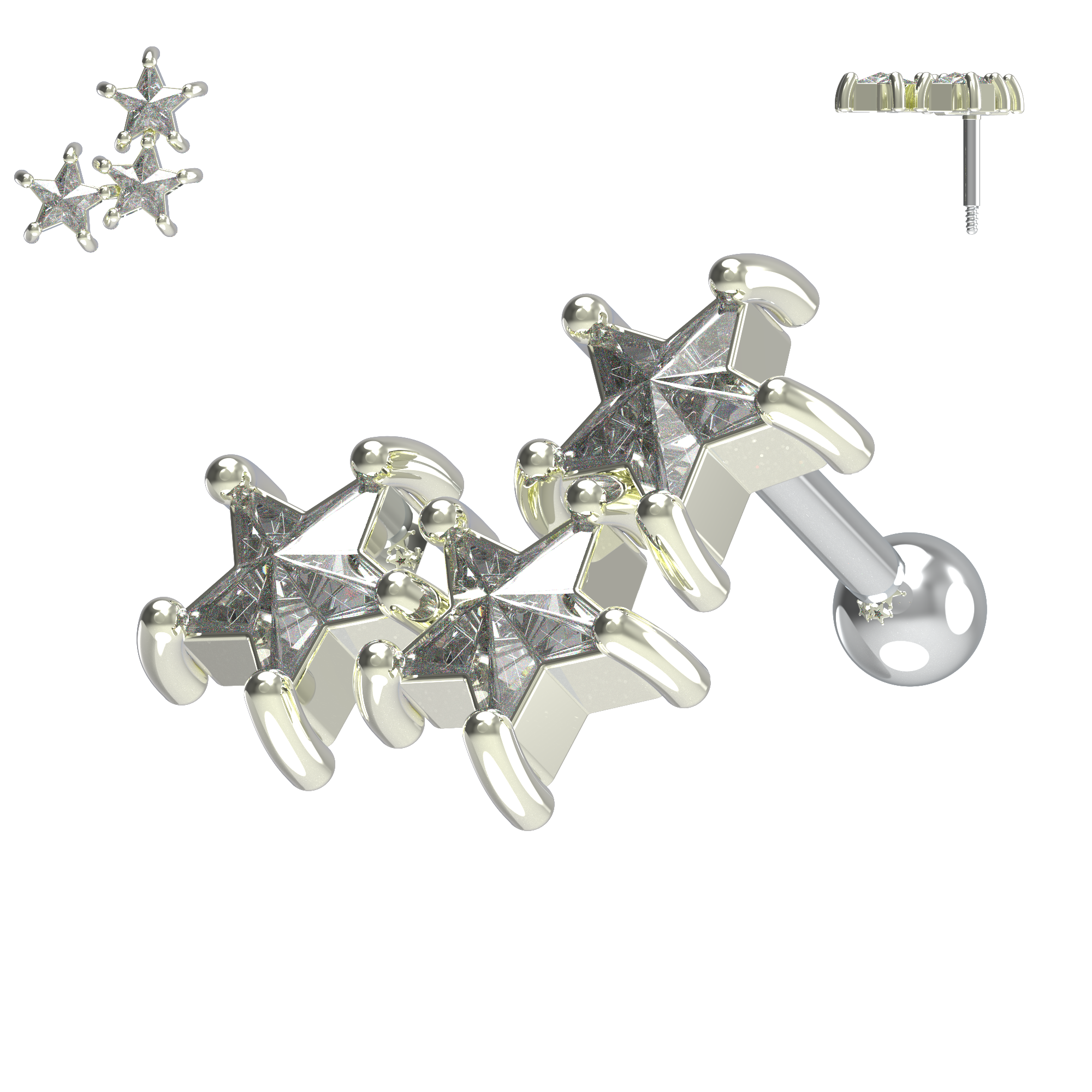 925 Sterling Silver Tri-Star Cartilage Ear Stud - Monster Piercing