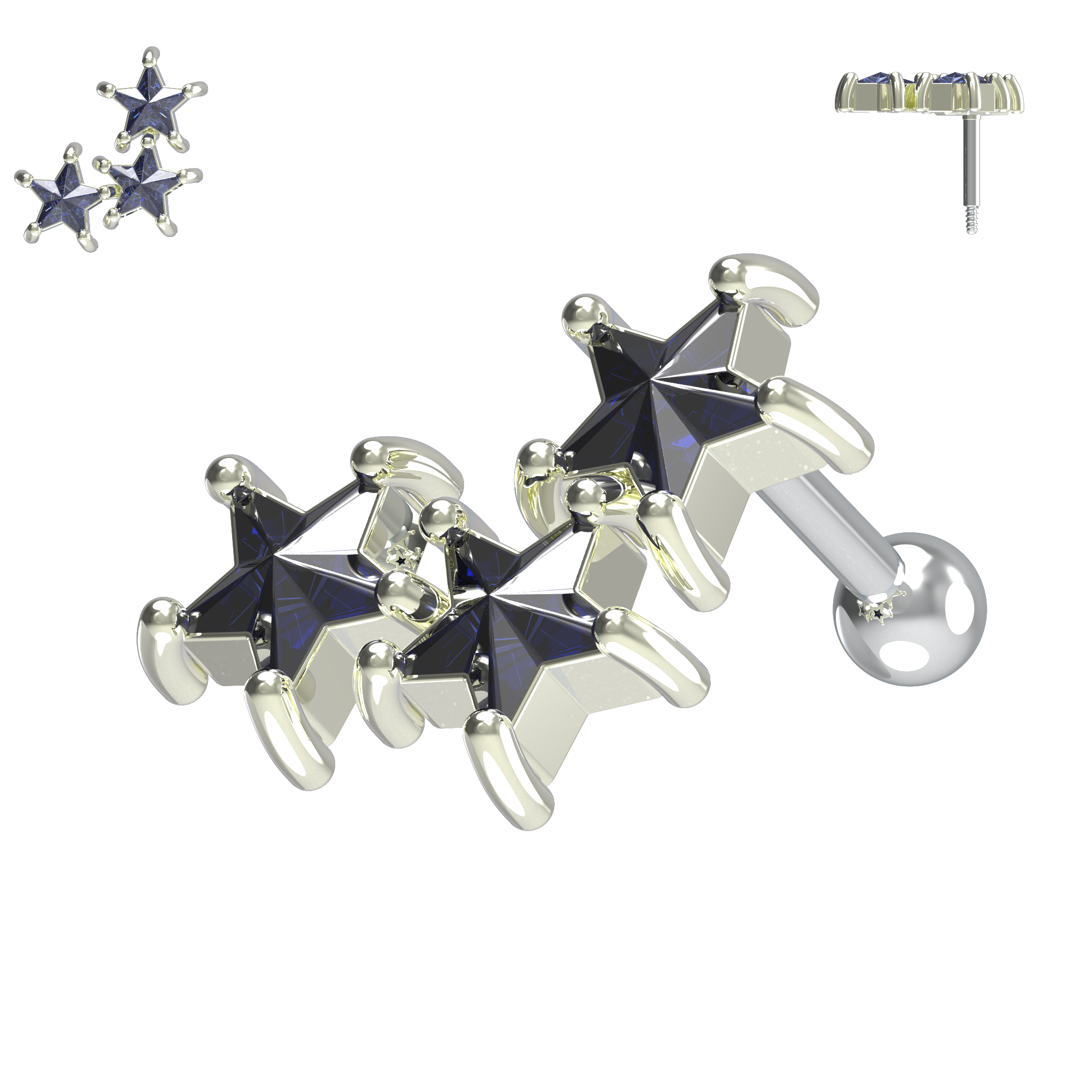 925 Sterling Silver Tri-Star Cartilage Ear Stud - Monster Piercing