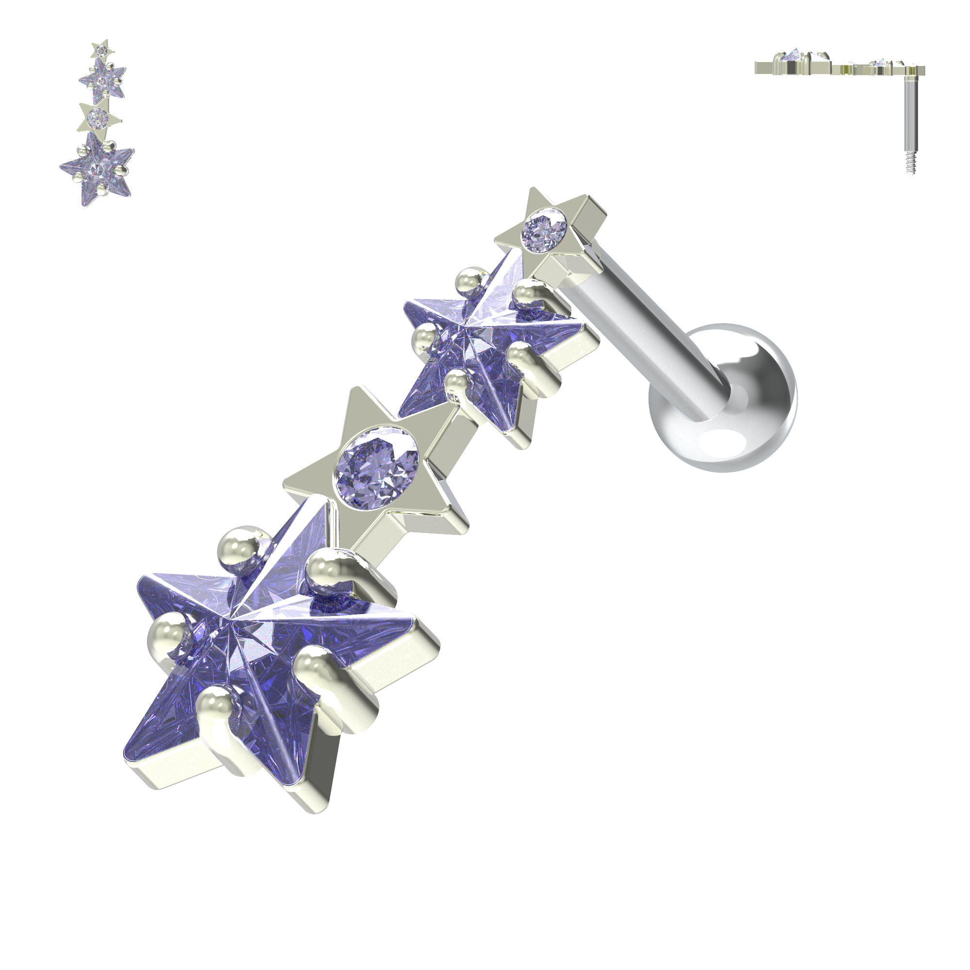 925 Sterling Silver Multiple Shooting Star Cartilage Ear Stud - Monster Piercing