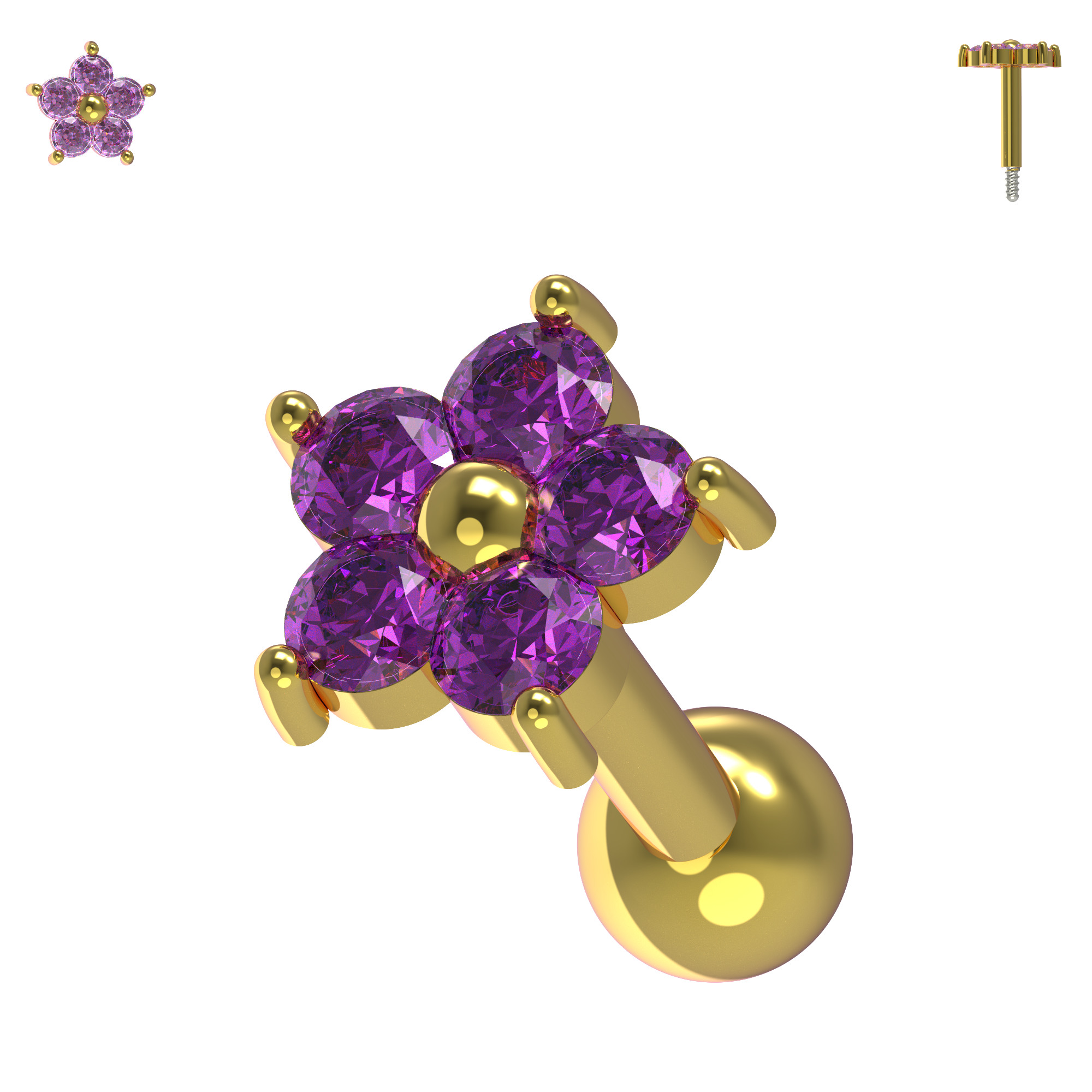925 Sterling Silver Flower Gemstone Cartilage Ear Stud - Monster Piercing