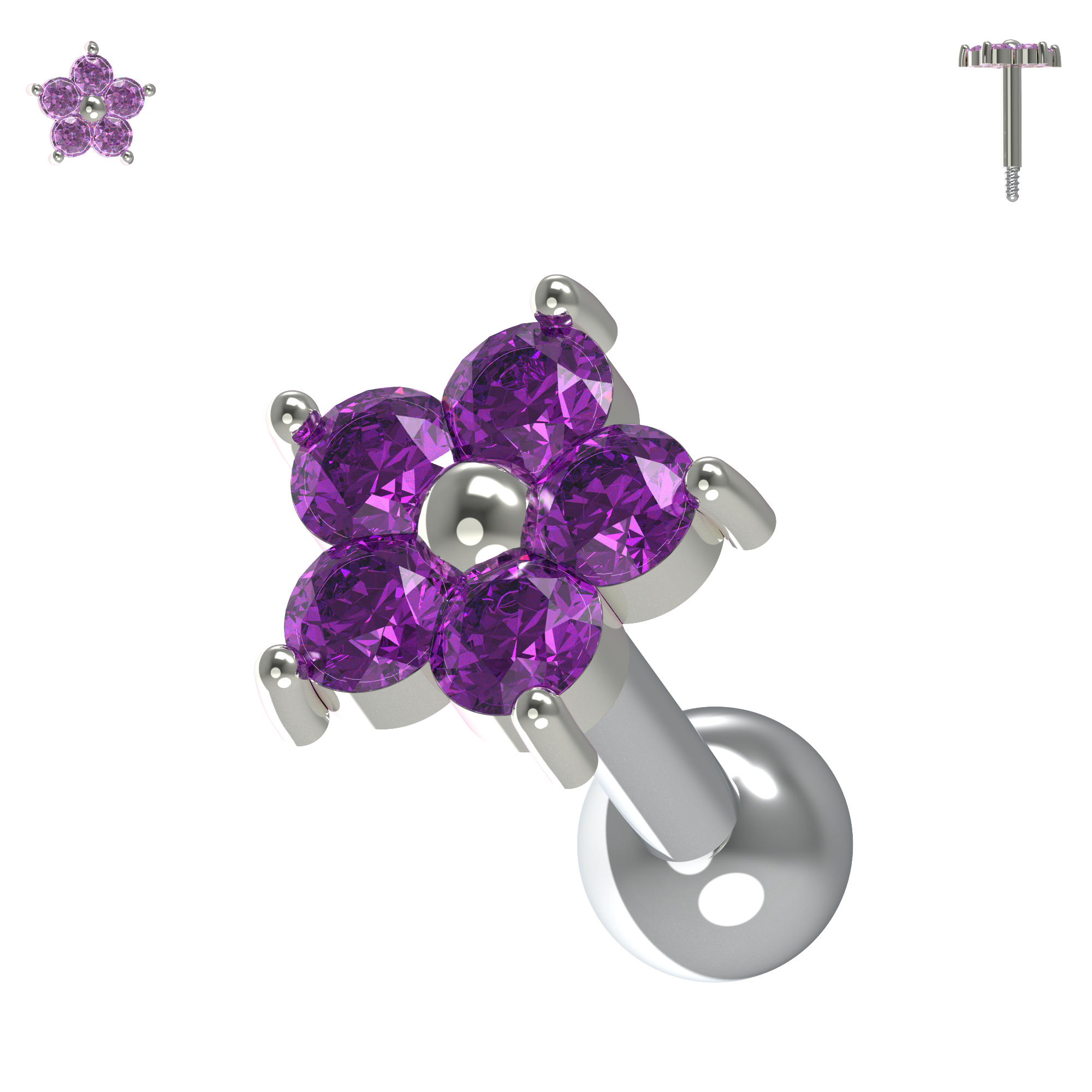 925 Sterling Silver Flower Gemstone Cartilage Ear Stud - Monster Piercing