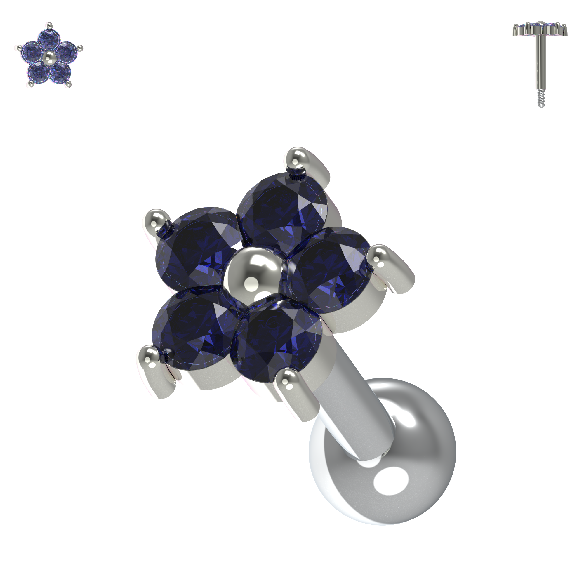 925 Sterling Silver Flower Gemstone Cartilage Ear Stud - Monster Piercing