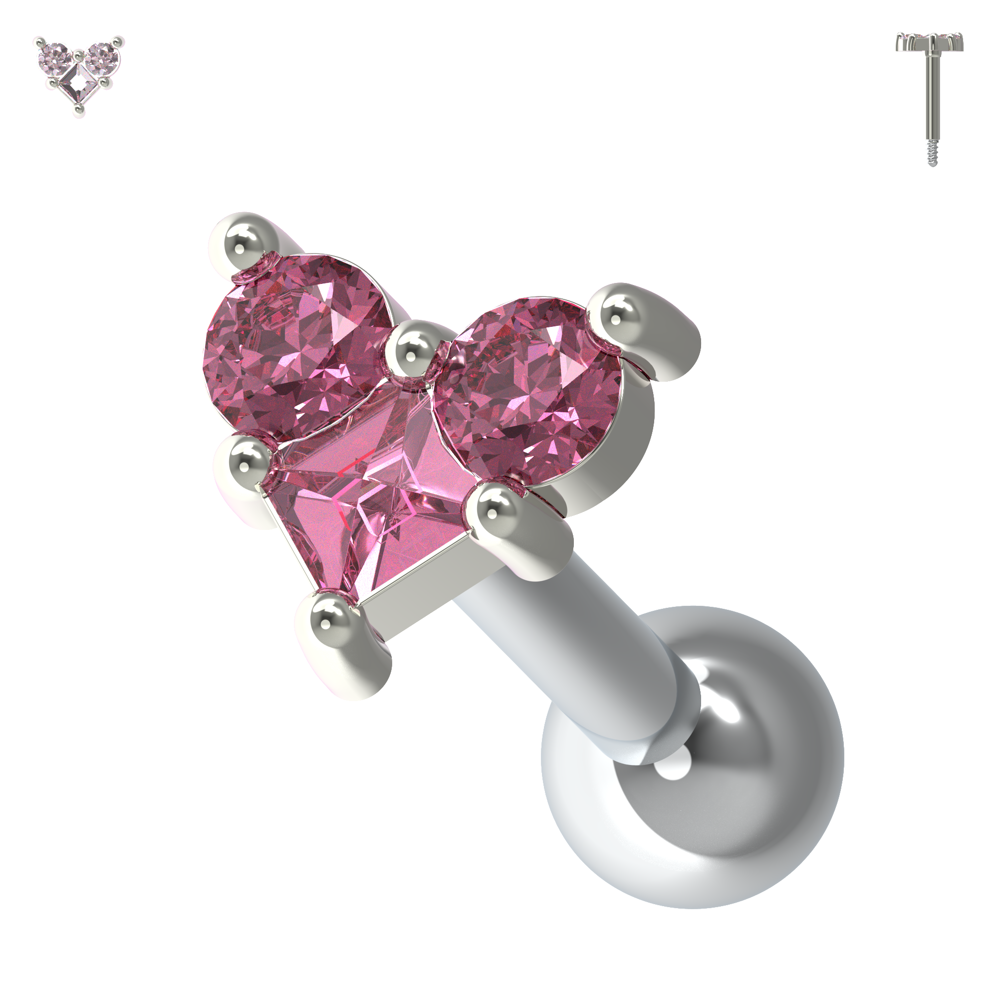 925 Sterling Silver Trinity Heart Jewelled Cartilage Ear Stud - Monster Piercing