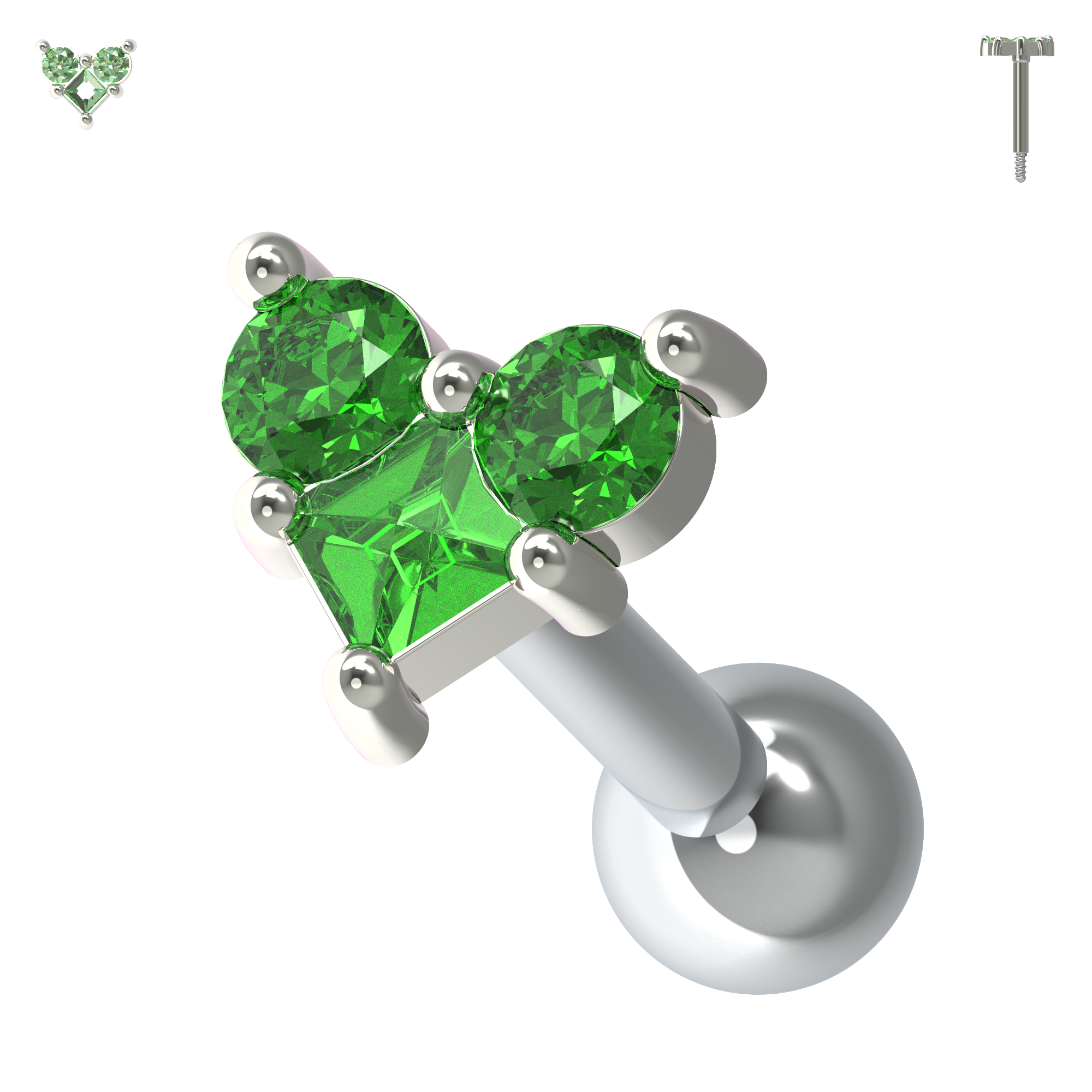 925 Sterling Silver Trinity Heart Jewelled Cartilage Ear Stud - Monster Piercing