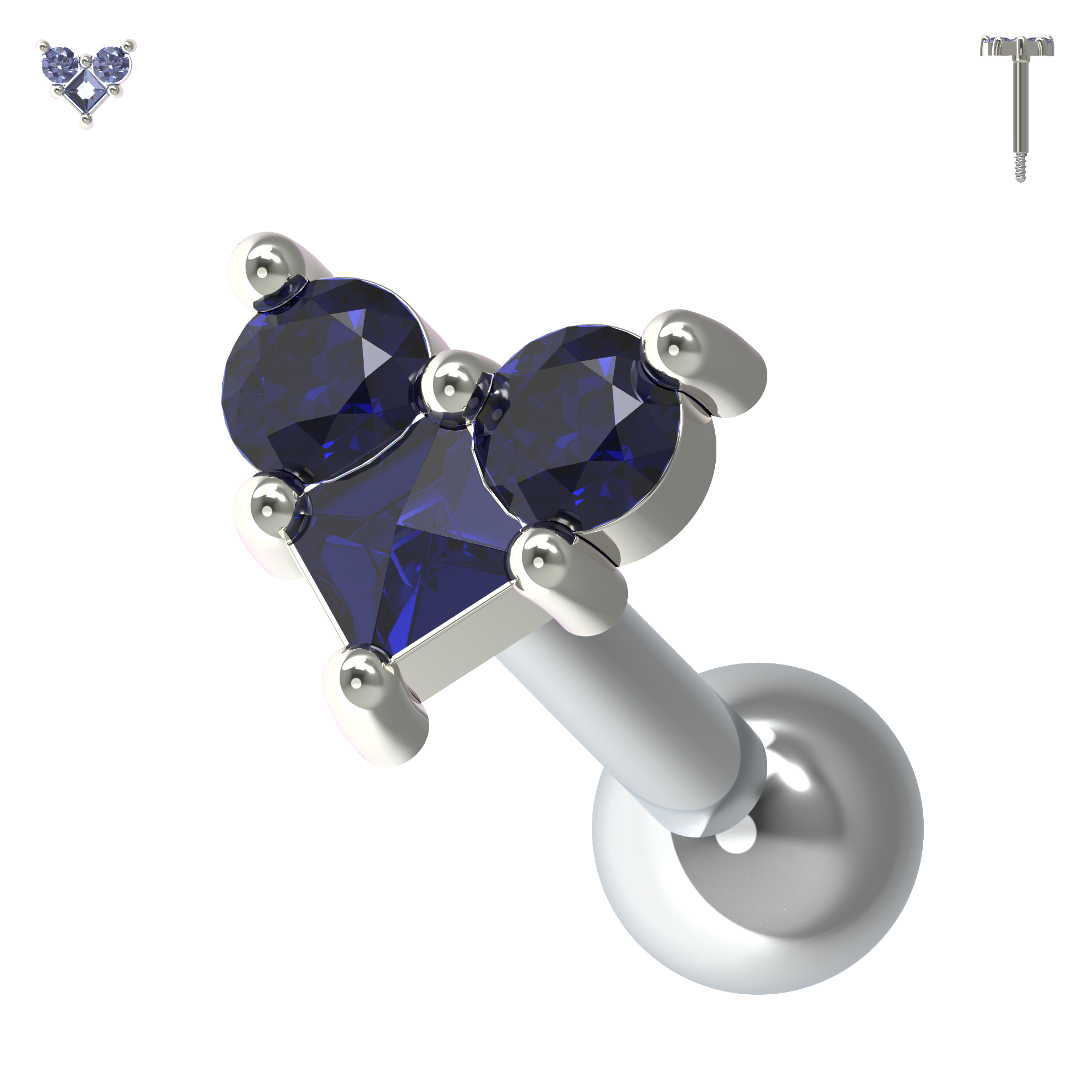 925 Sterling Silver Trinity Heart Jewelled Cartilage Ear Stud - Monster Piercing