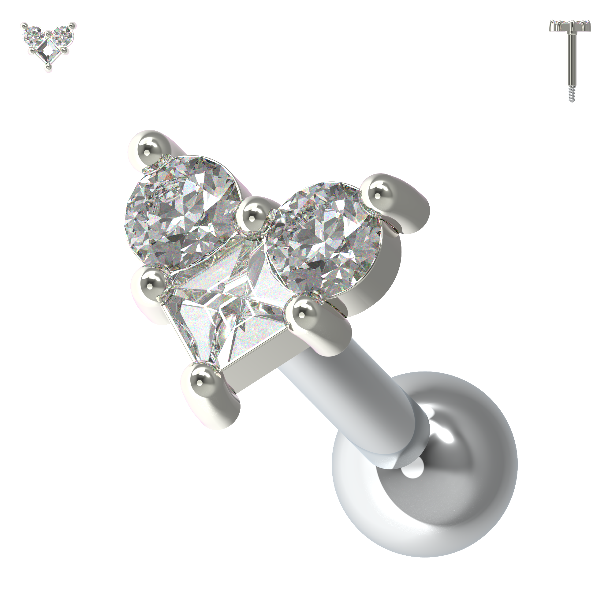 925 Sterling Silver Trinity Heart Jewelled Cartilage Ear Stud - Monster Piercing