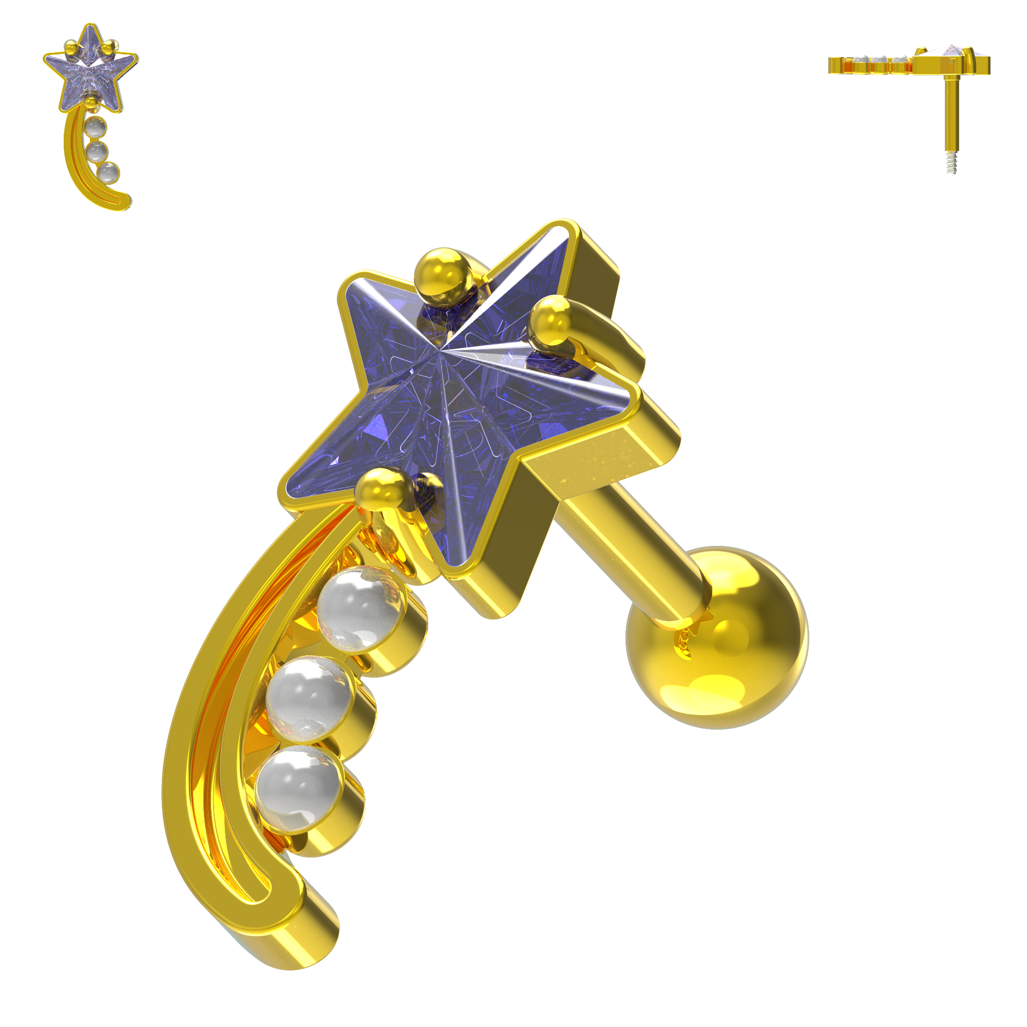925 Sterling Silver Shooting Star & Pearl Cartilage Ear Stud - Monster Piercing