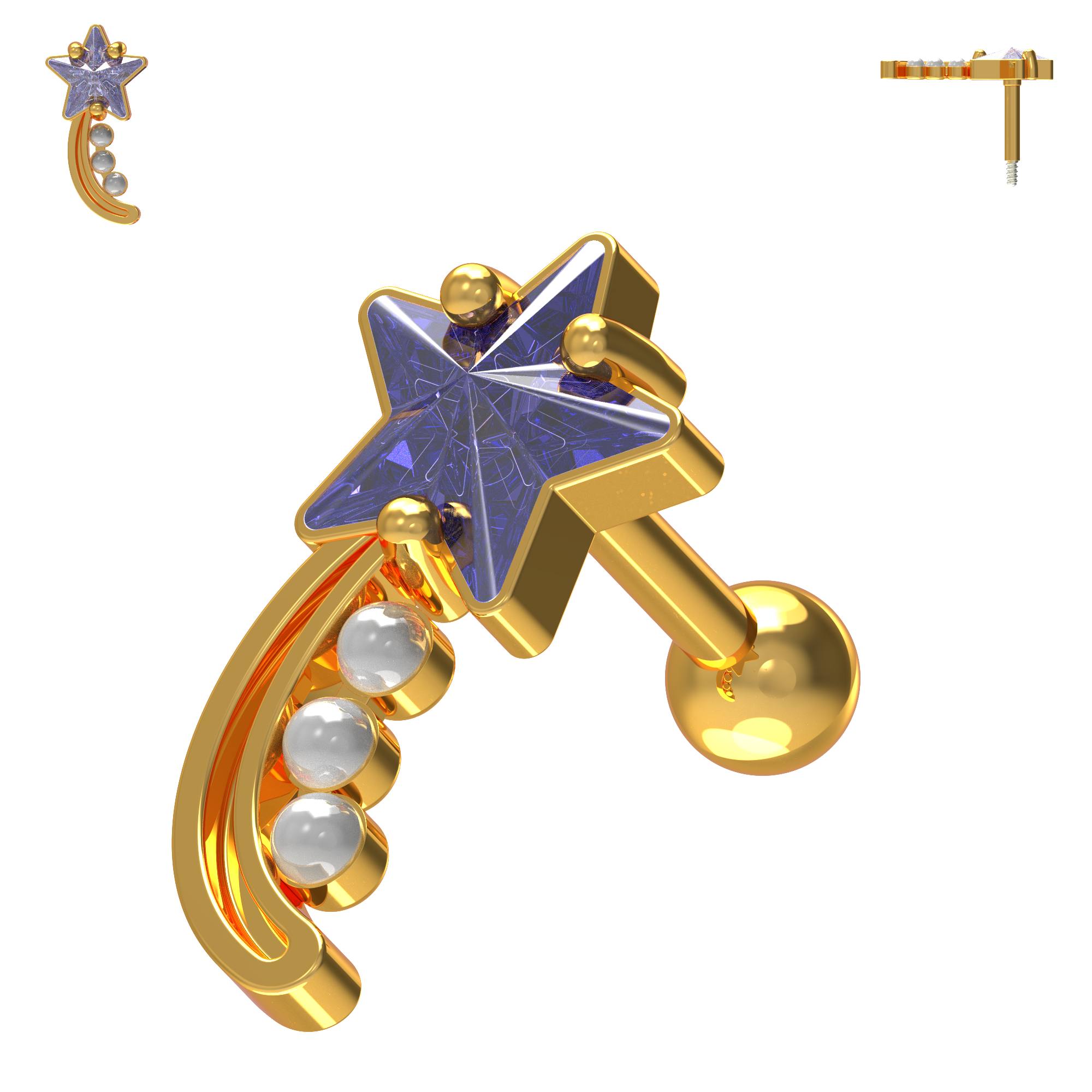 925 Sterling Silver Shooting Star & Pearl Cartilage Ear Stud - Monster Piercing