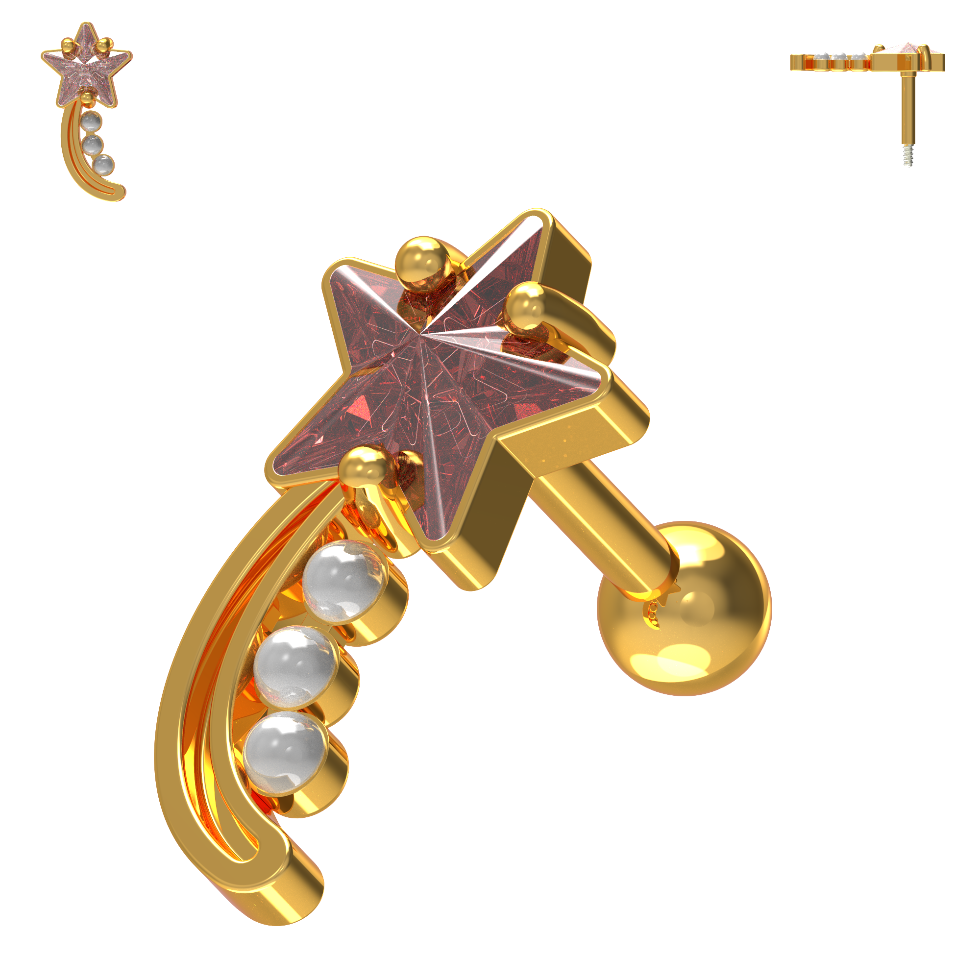 925 Sterling Silver Shooting Star & Pearl Cartilage Ear Stud - Monster Piercing