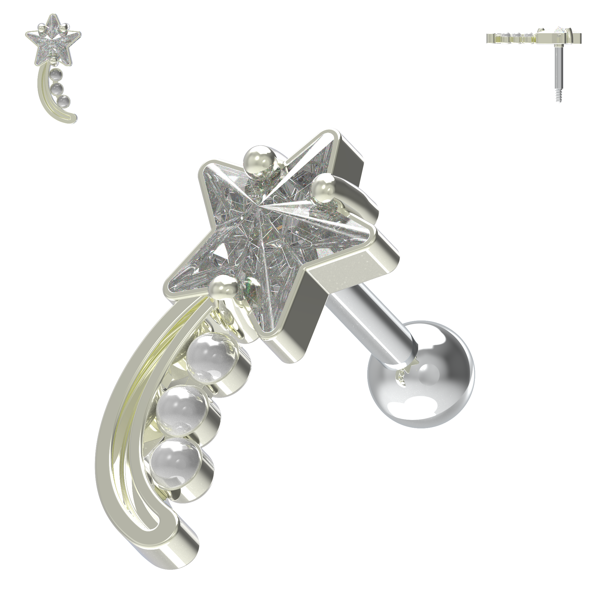 925 Sterling Silver Shooting Star & Pearl Cartilage Ear Stud - Monster Piercing
