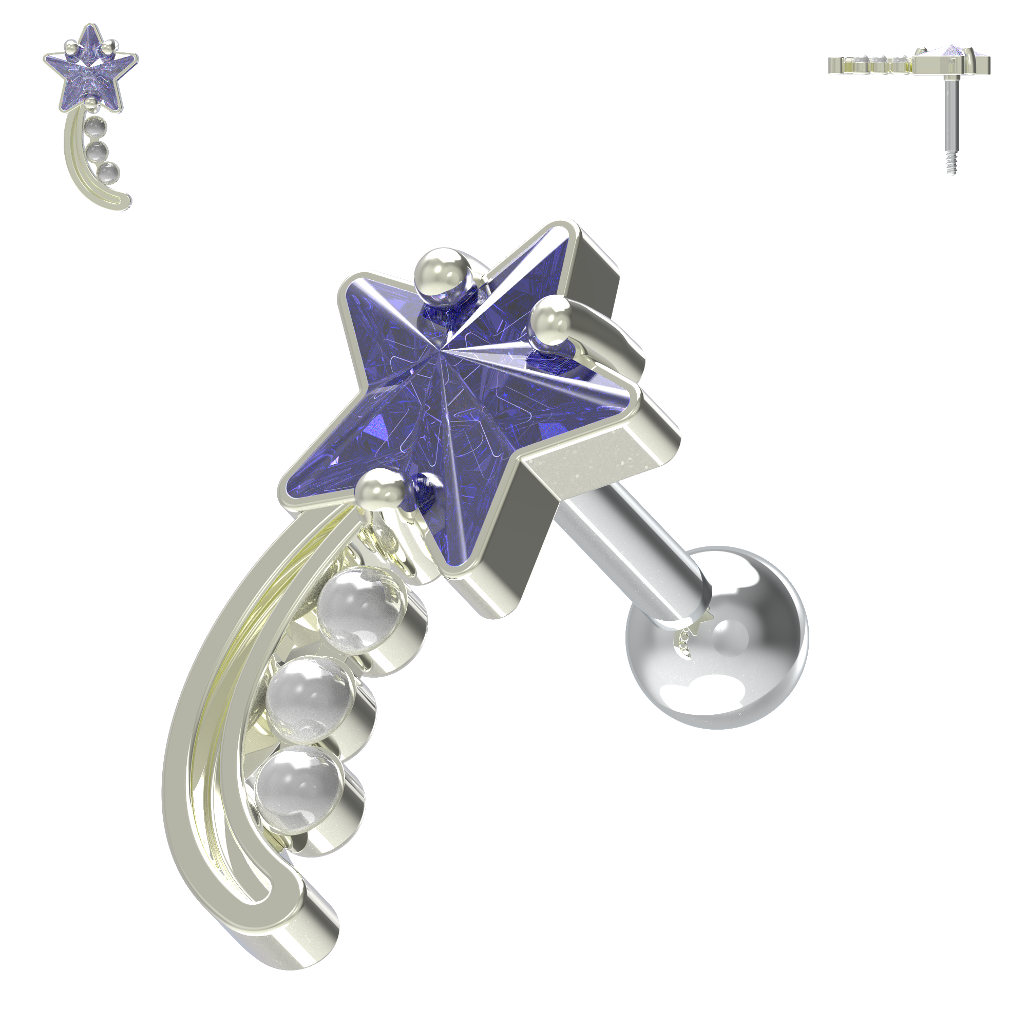925 Sterling Silver Shooting Star & Pearl Cartilage Ear Stud - Monster Piercing