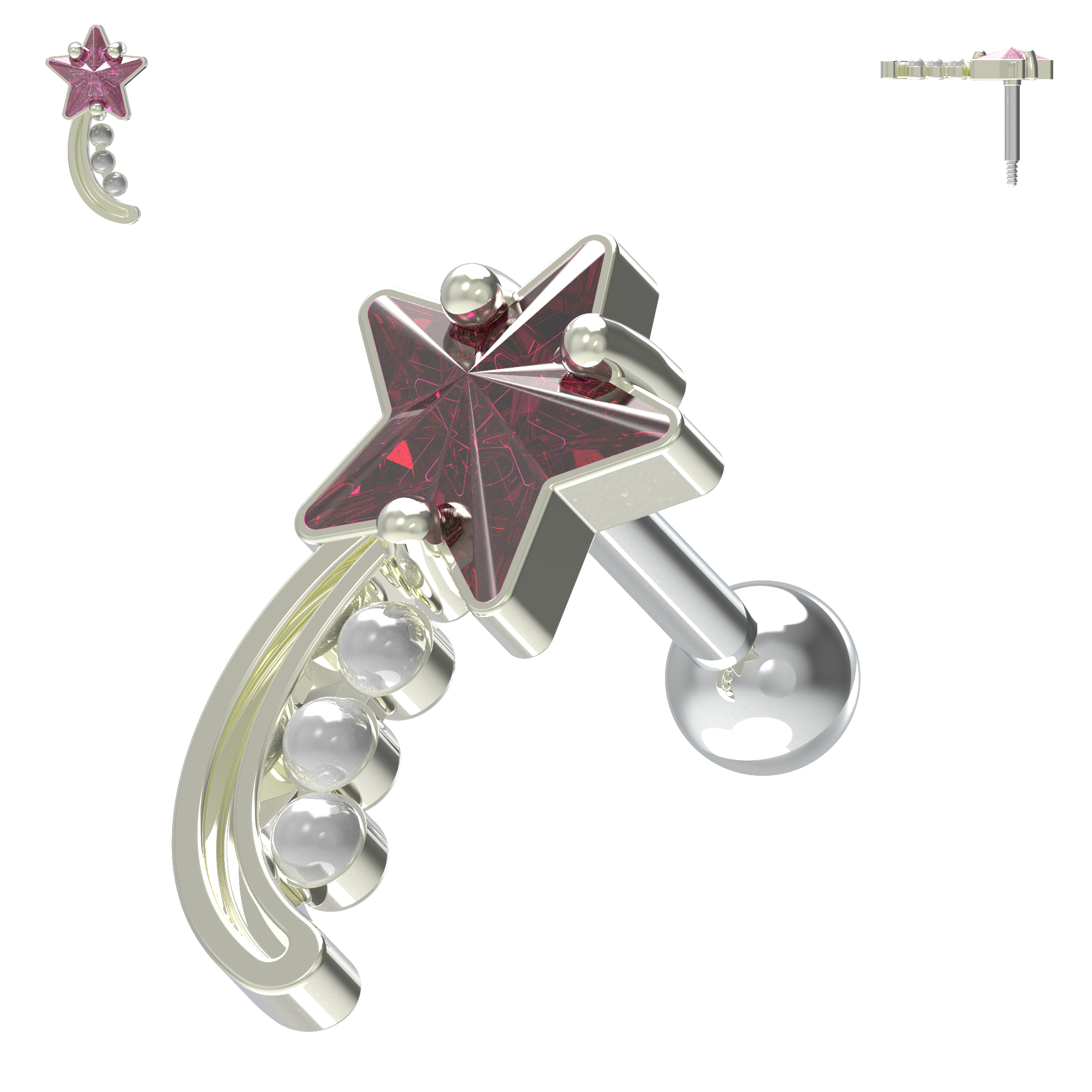 925 Sterling Silver Shooting Star & Pearl Cartilage Ear Stud - Monster Piercing
