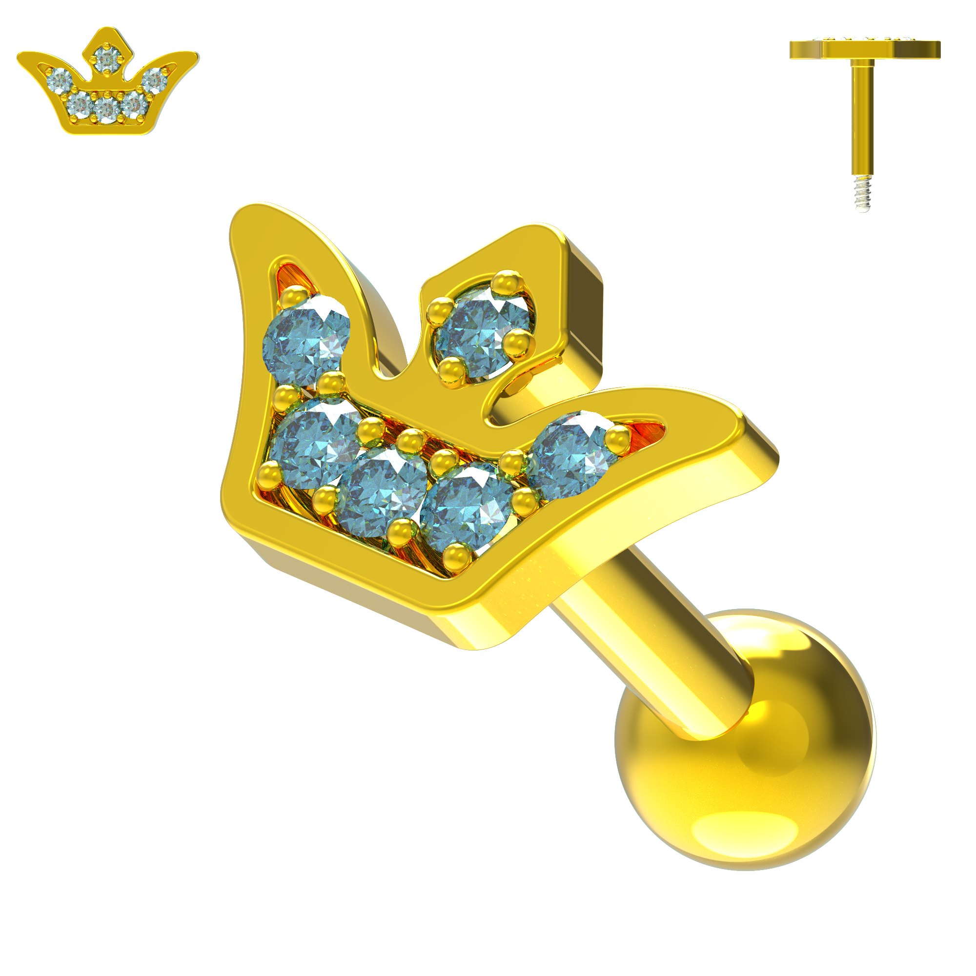 925 Sterling Silver Jewelled Crown Cartilage Stud - Monster Piercing