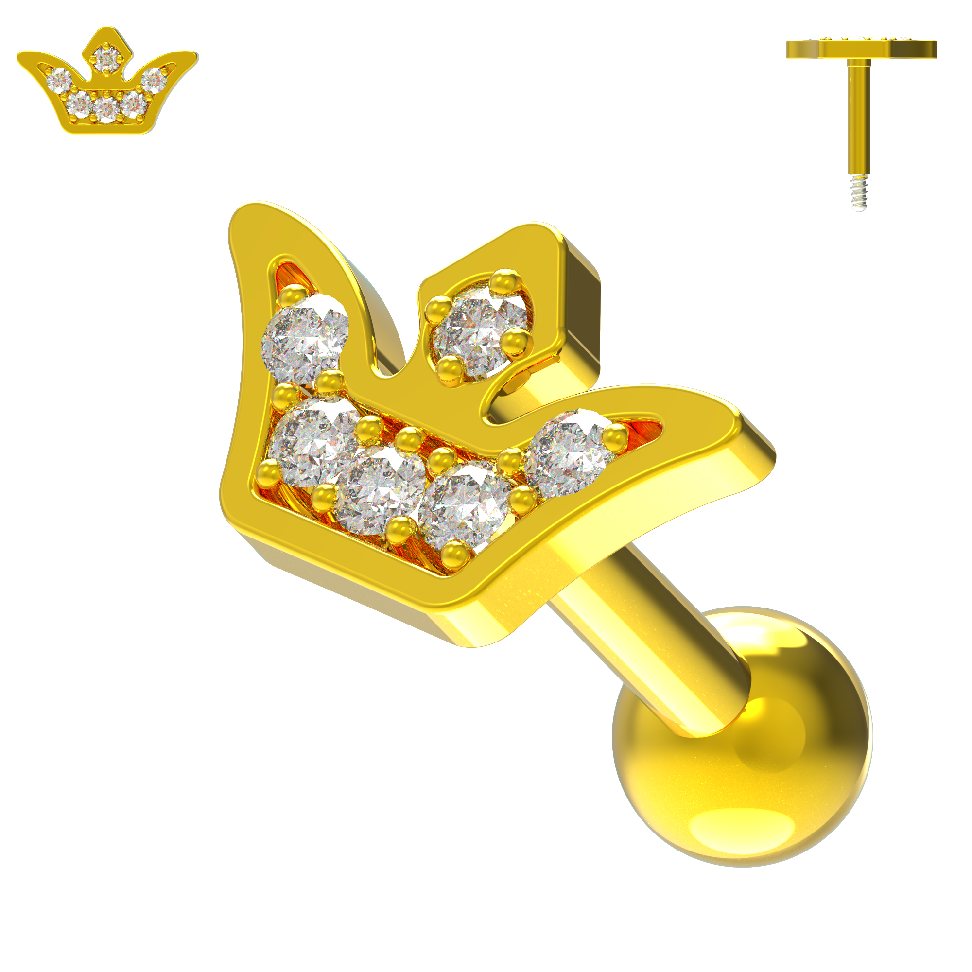 925 Sterling Silver Jewelled Crown Cartilage Stud - Monster Piercing