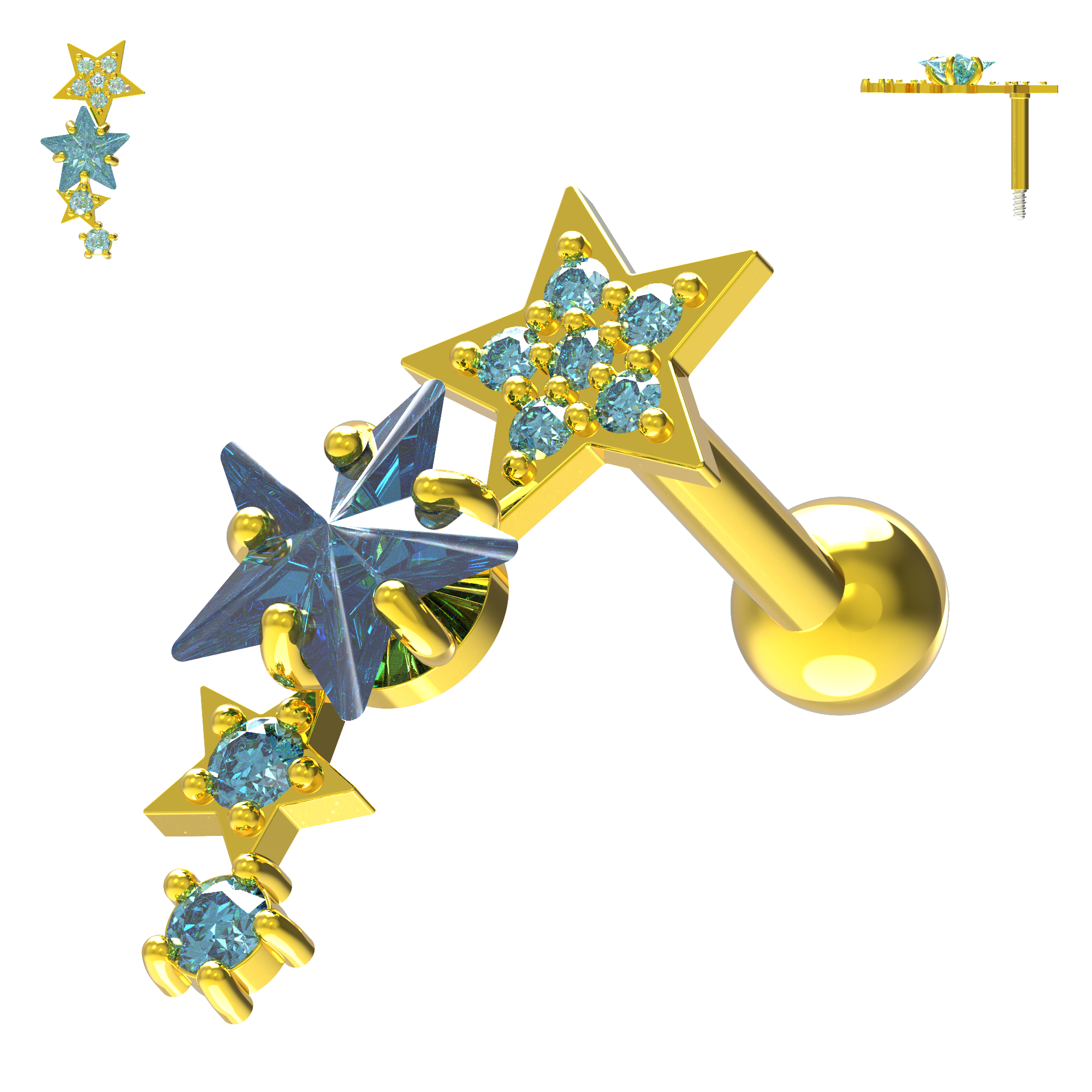 925 Sterling Silver Sparkling Stars Cartilage Stud - Monster Piercing