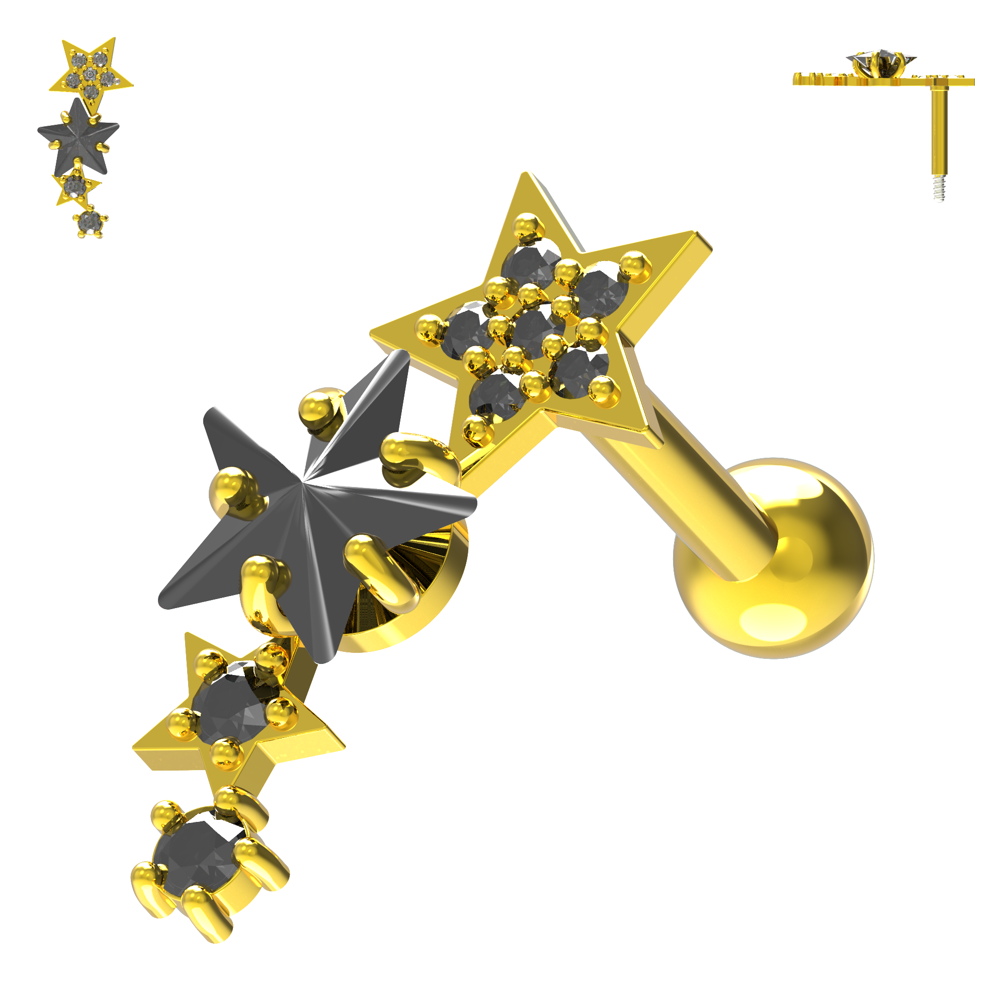 925 Sterling Silver Sparkling Stars Cartilage Stud - Monster Piercing