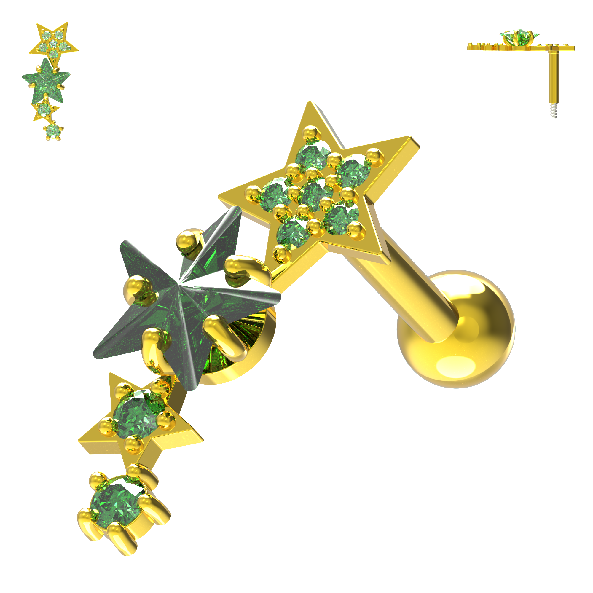 925 Sterling Silver Sparkling Stars Cartilage Stud - Monster Piercing