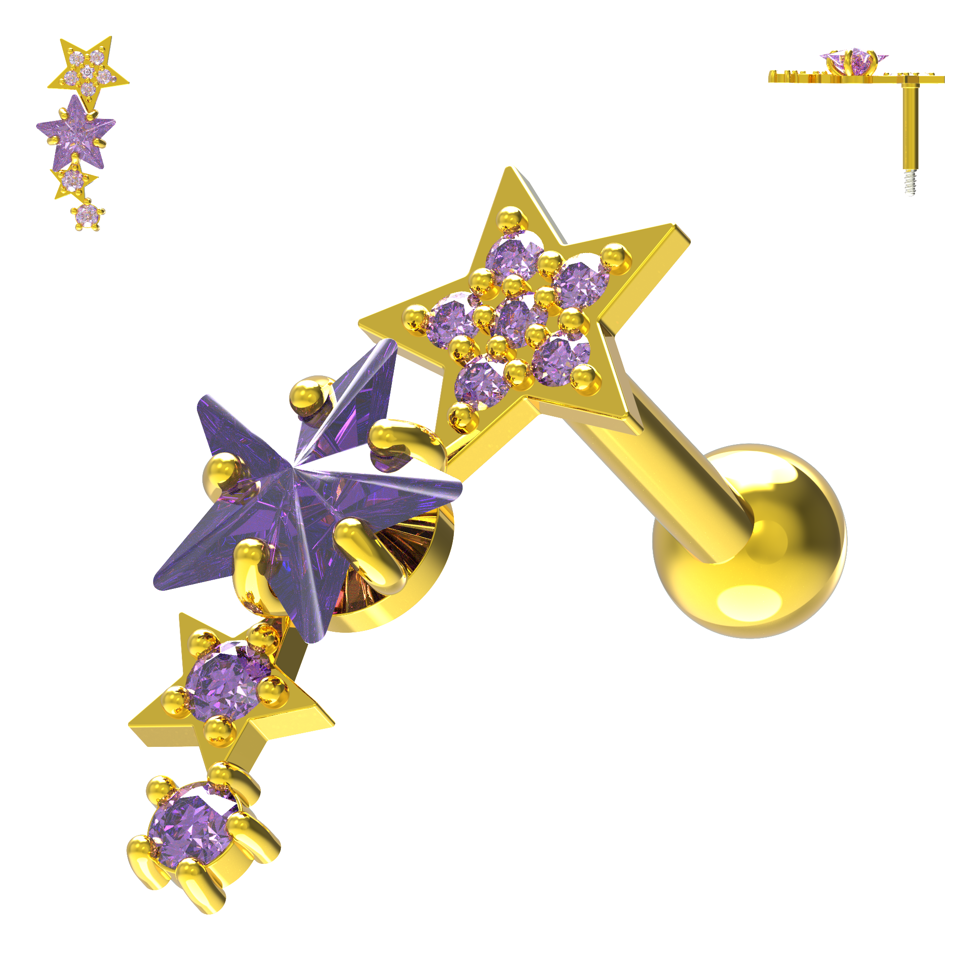 925 Sterling Silver Sparkling Stars Cartilage Stud - Monster Piercing