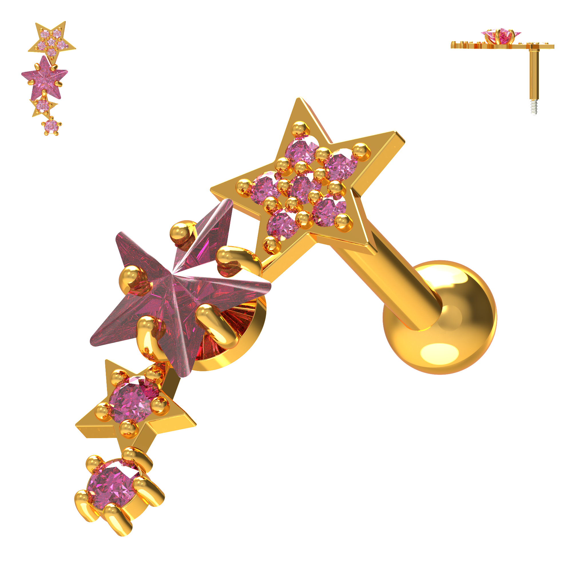 925 Sterling Silver Sparkling Stars Cartilage Stud - Monster Piercing