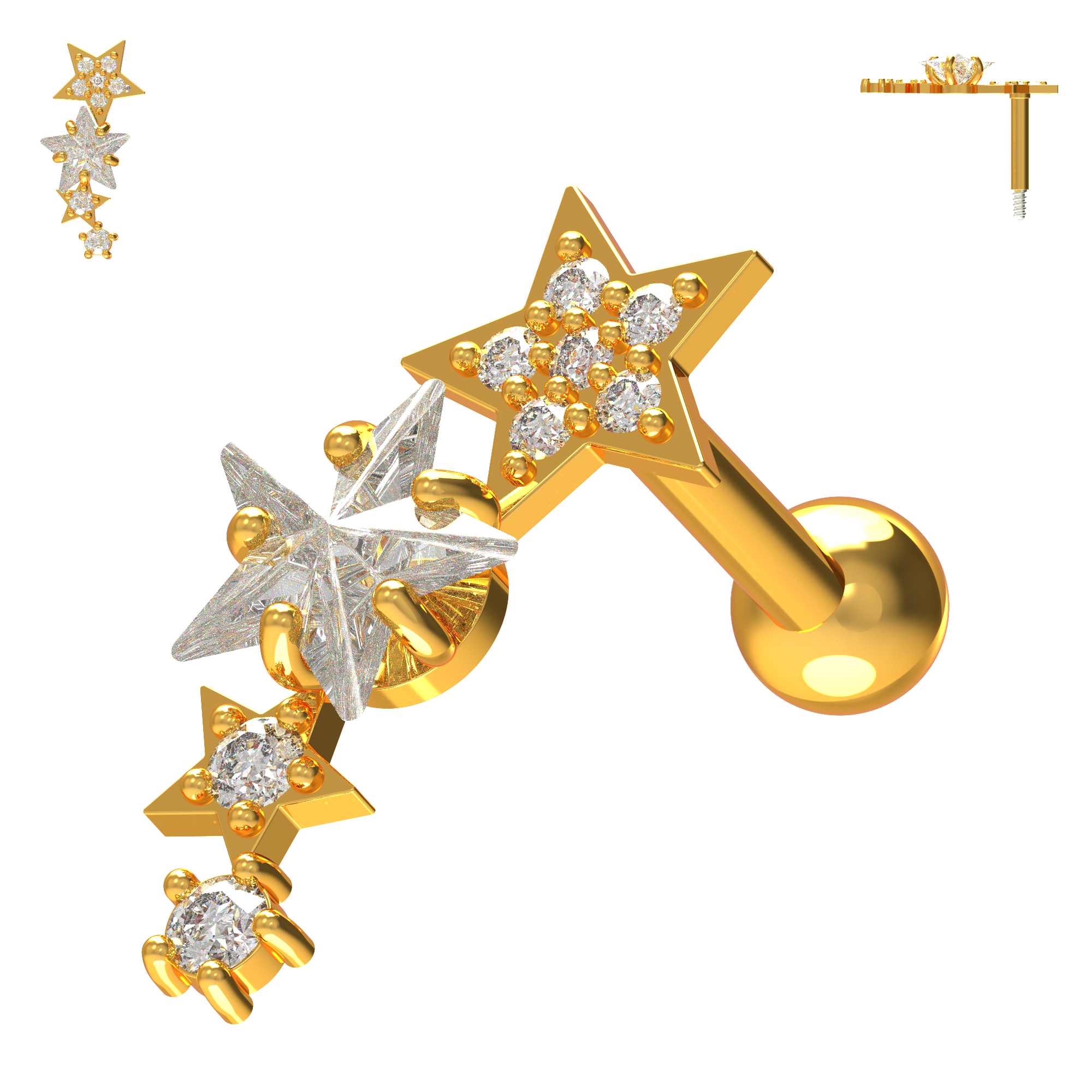 925 Sterling Silver Sparkling Stars Cartilage Stud - Monster Piercing