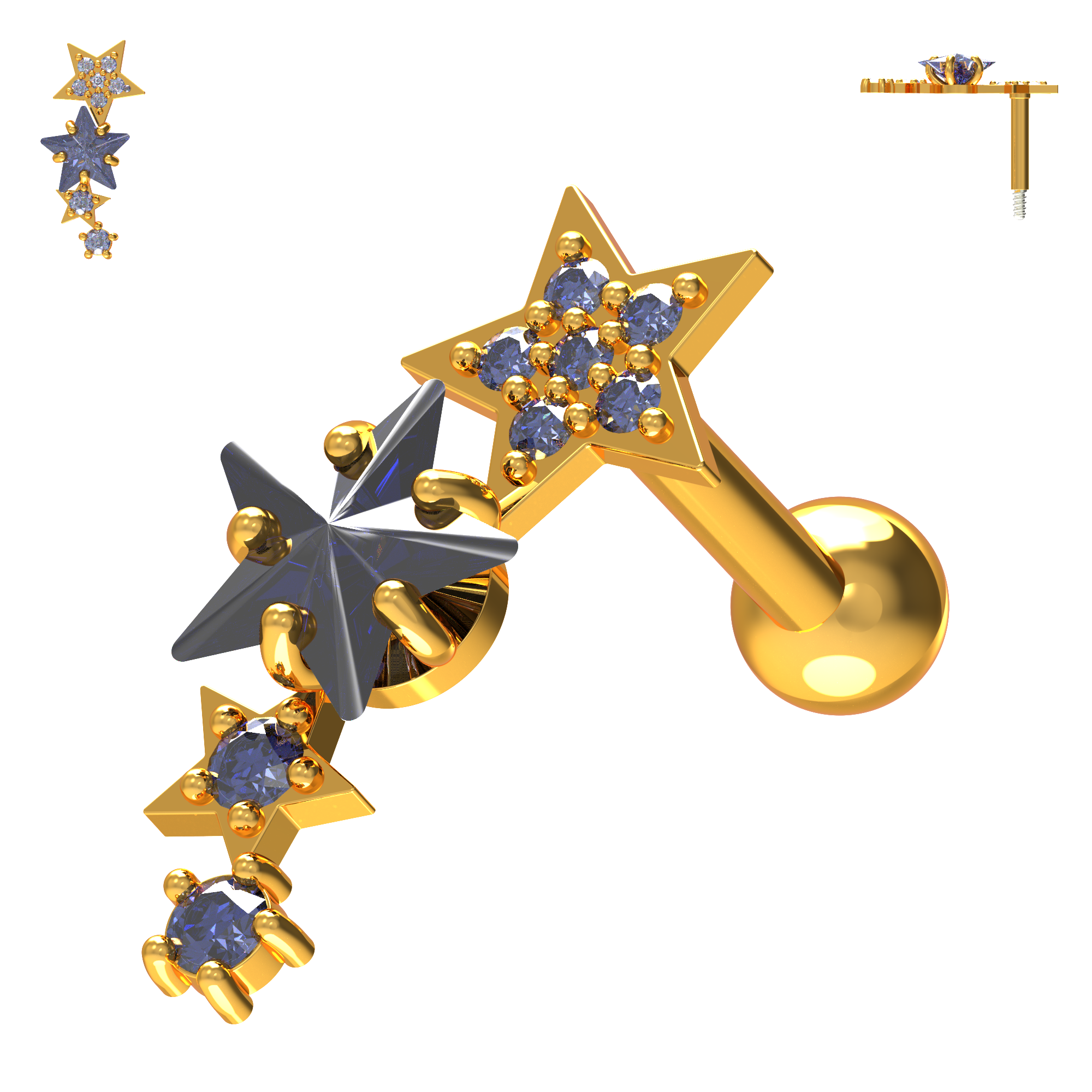 925 Sterling Silver Sparkling Stars Cartilage Stud - Monster Piercing