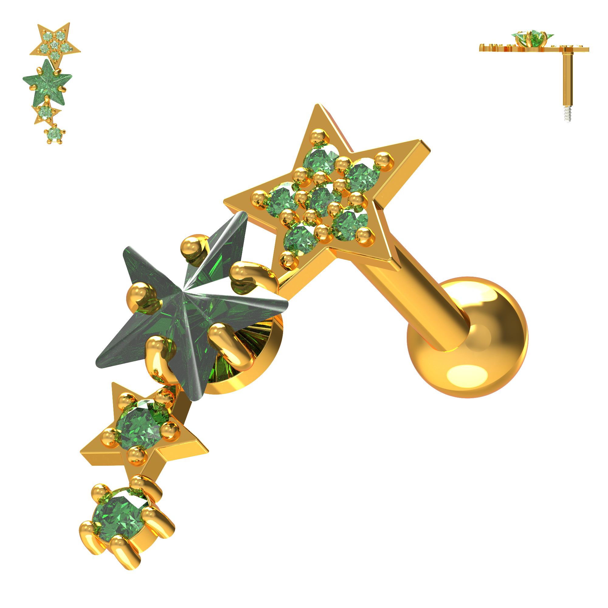 925 Sterling Silver Sparkling Stars Cartilage Stud - Monster Piercing