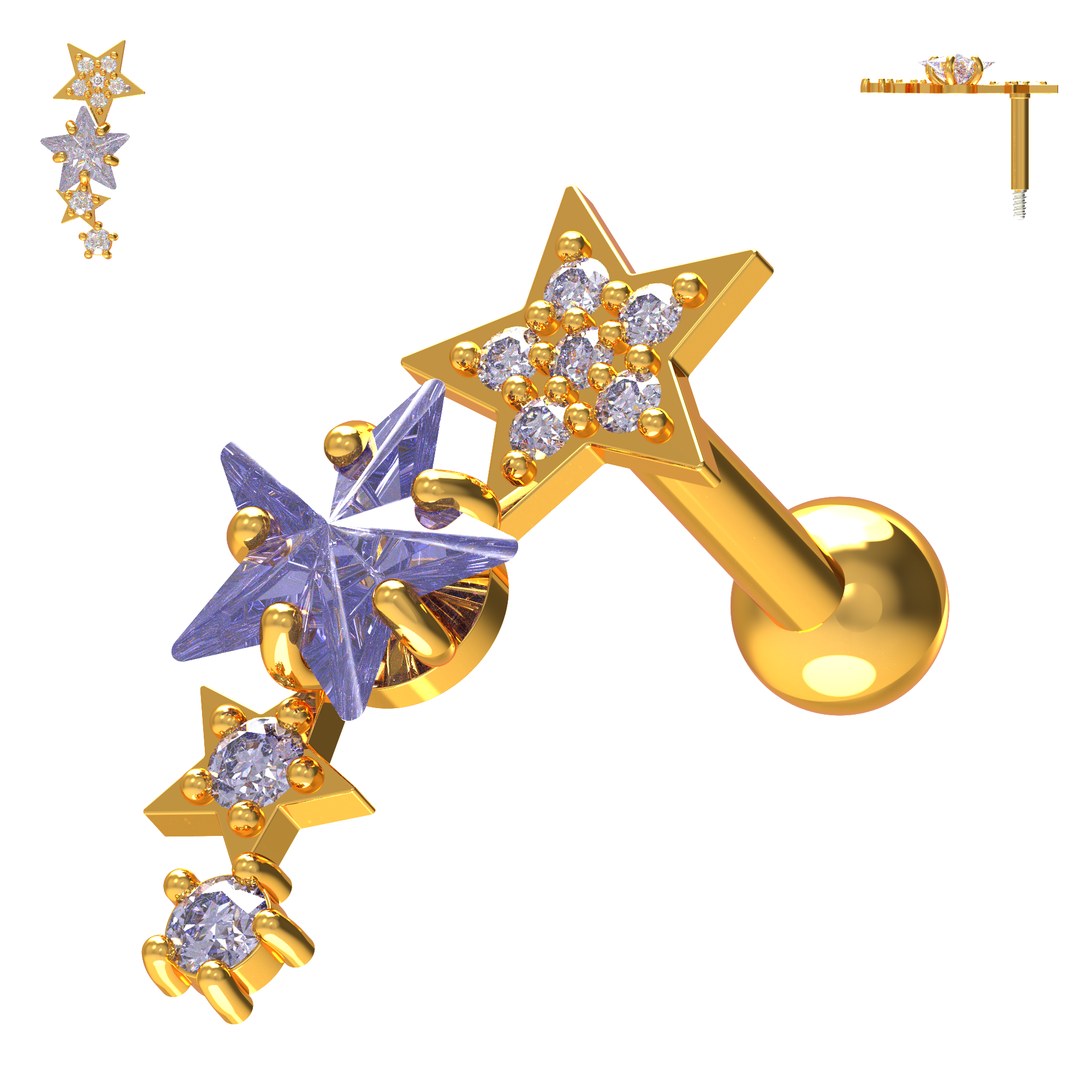 925 Sterling Silver Sparkling Stars Cartilage Stud - Monster Piercing